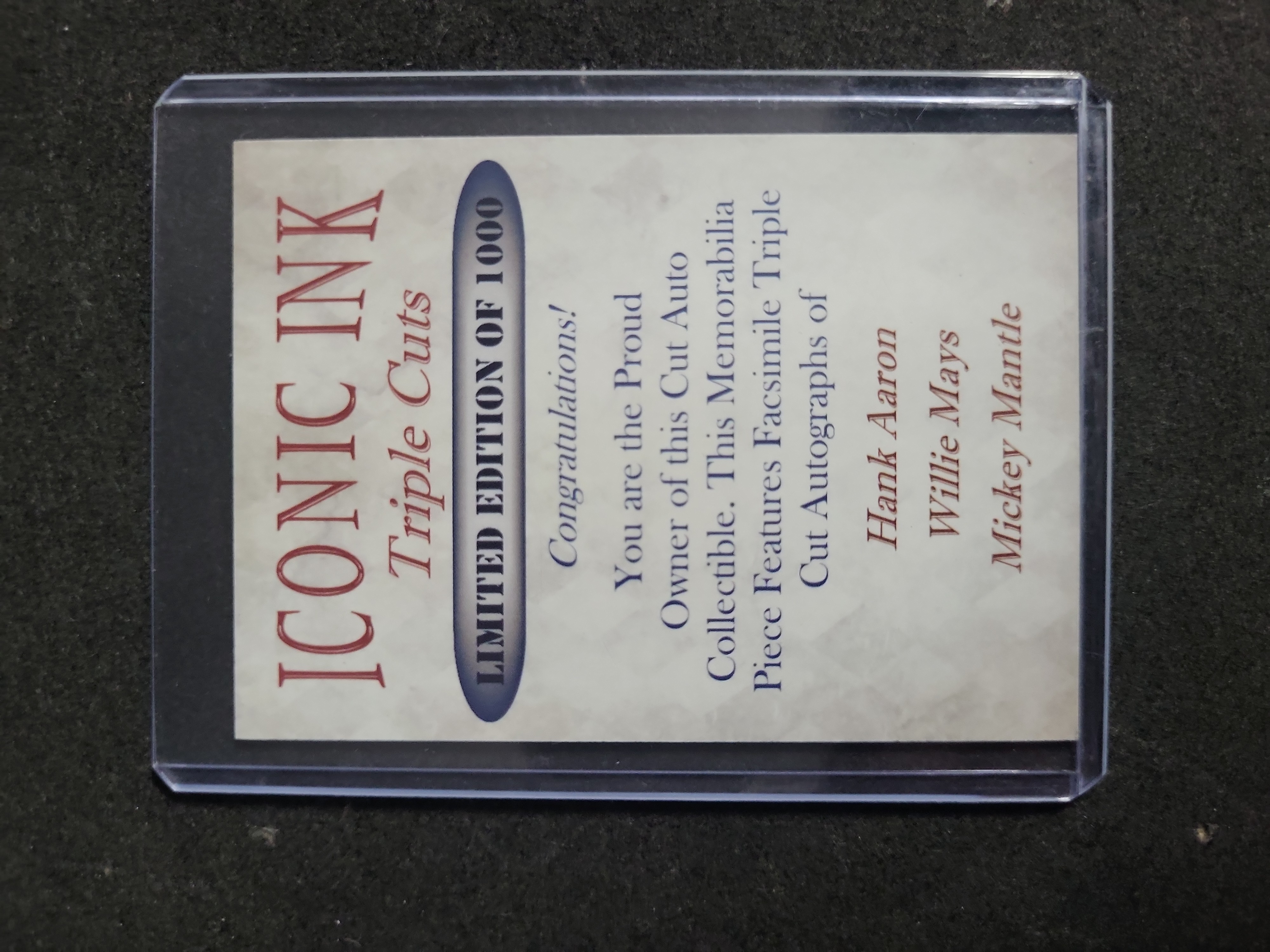 I03285 | Iconic Ink Triple Cuts Facsimile Autograph Card Hank Aaron Willie Mays and Mickey Mantle Limited Edition of 1000