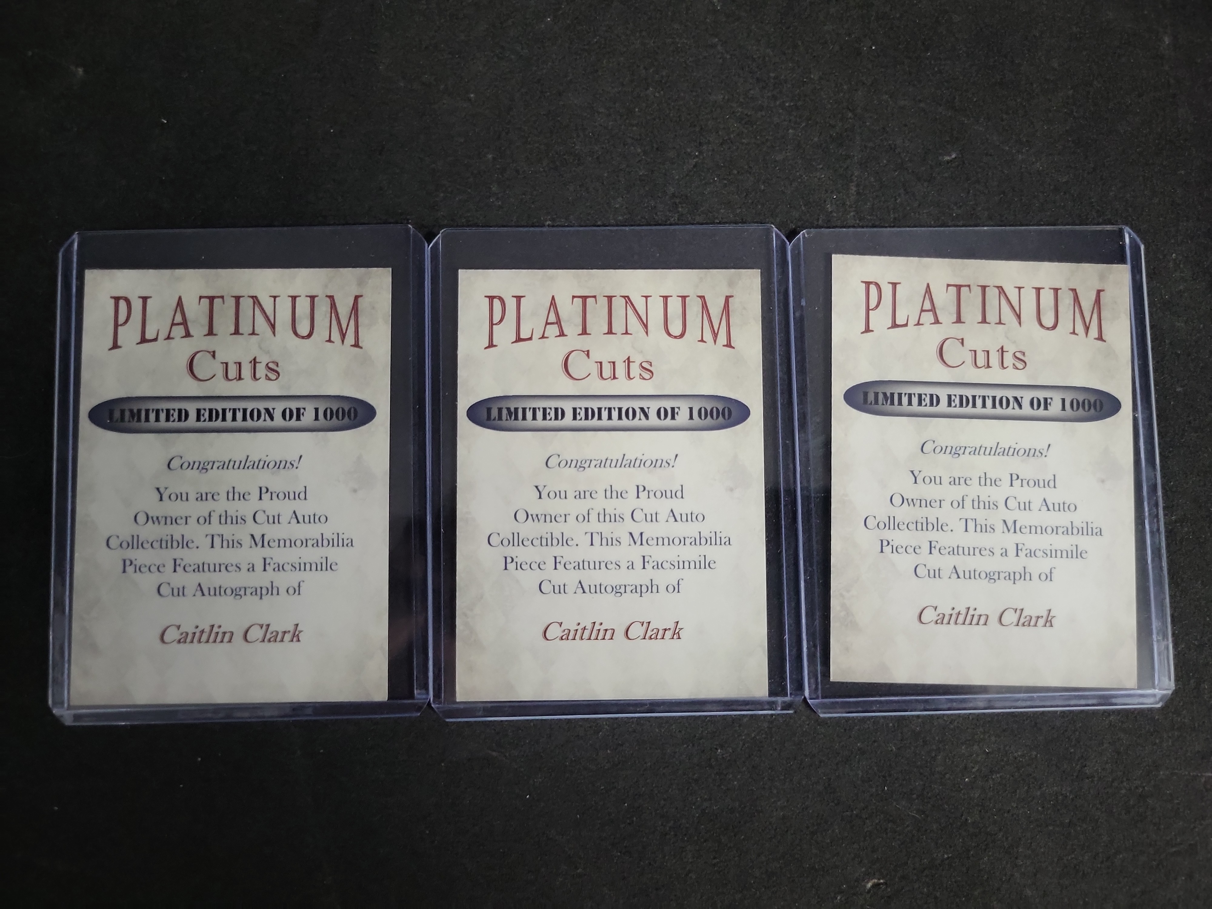 I03292 | A Trio of Caitlin Clark Platinum Cuts Custom Facsimile Autograph Trading Cards