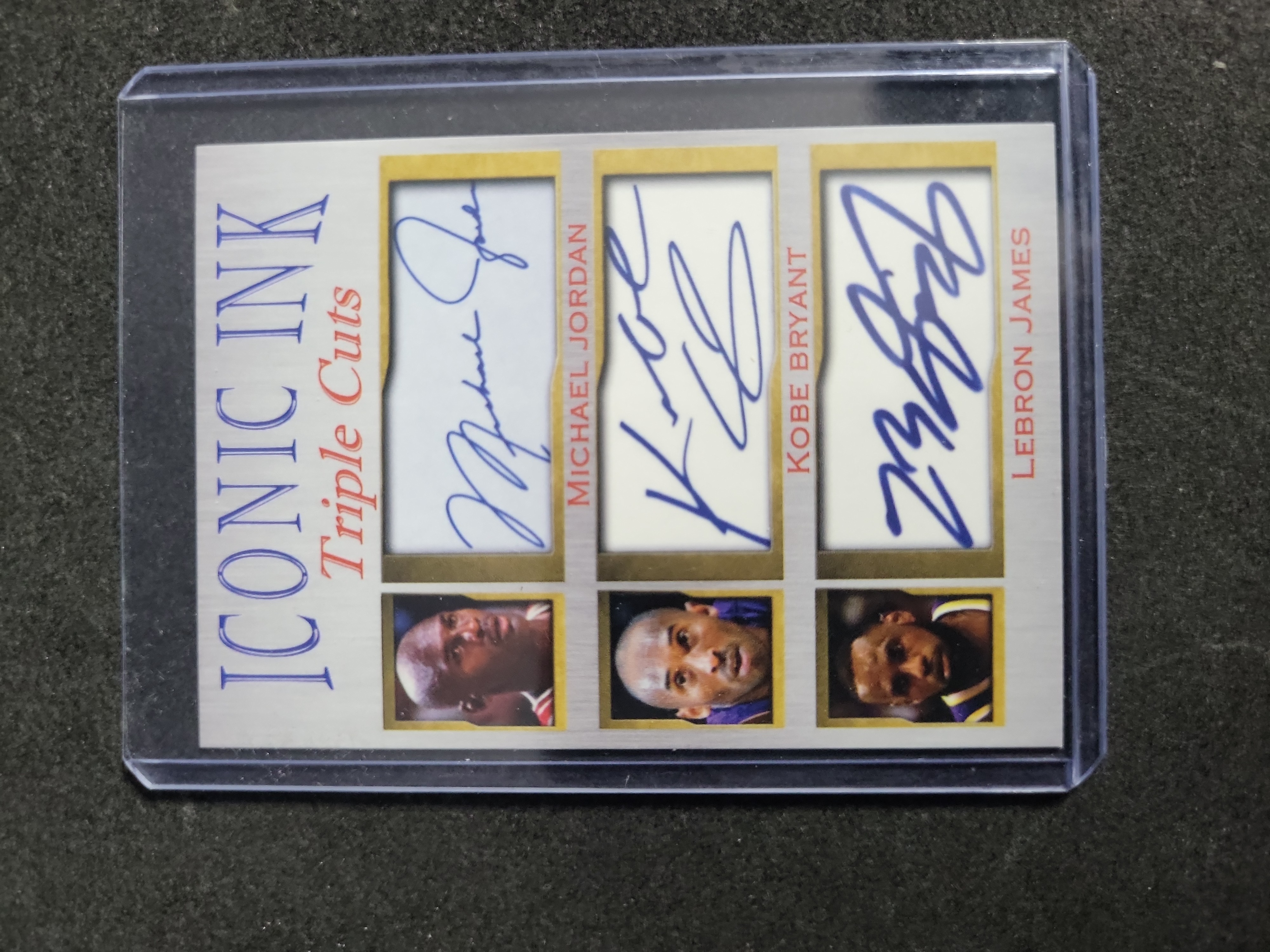 I03288 | Iconic Ink Triple Cuts Michael Jordan Kobe Bryant and LeBron James Facsimile Autograph Card Limited Edition of 1000