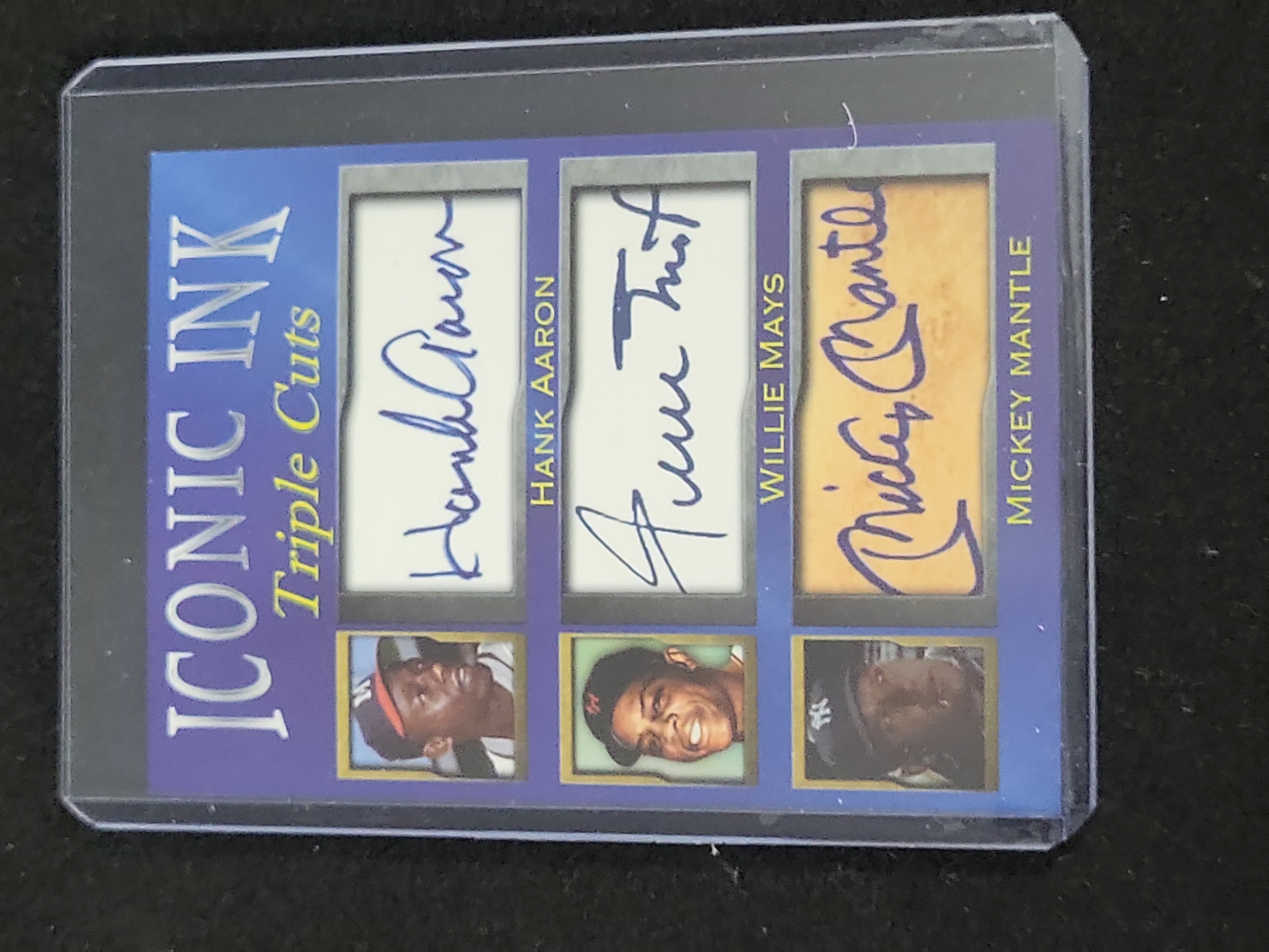 I01319 | Iconic Ink Triple Cuts Hank Aaron Willie Mays and Mickey Mantle Limited Edition Facsimile Autograph Card