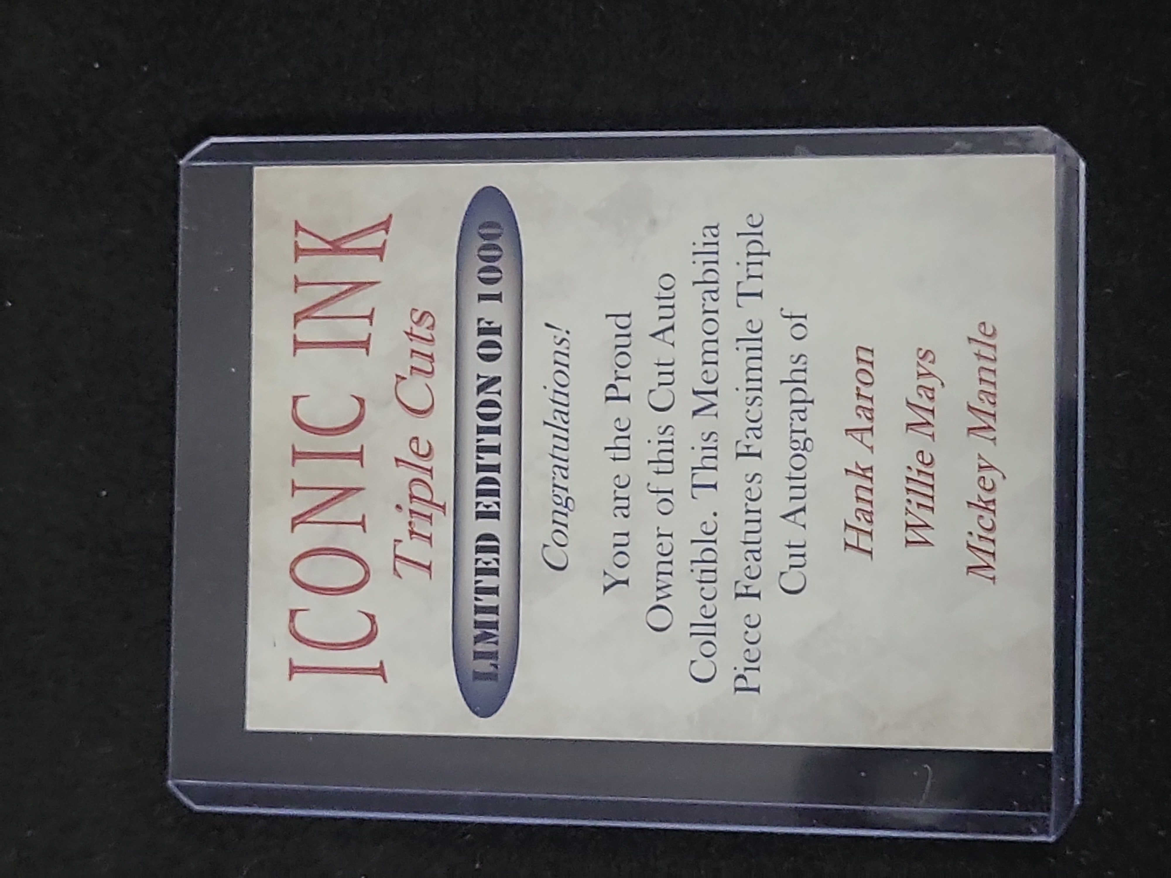 I01319 | Iconic Ink Triple Cuts Hank Aaron Willie Mays and Mickey Mantle Limited Edition Facsimile Autograph Card