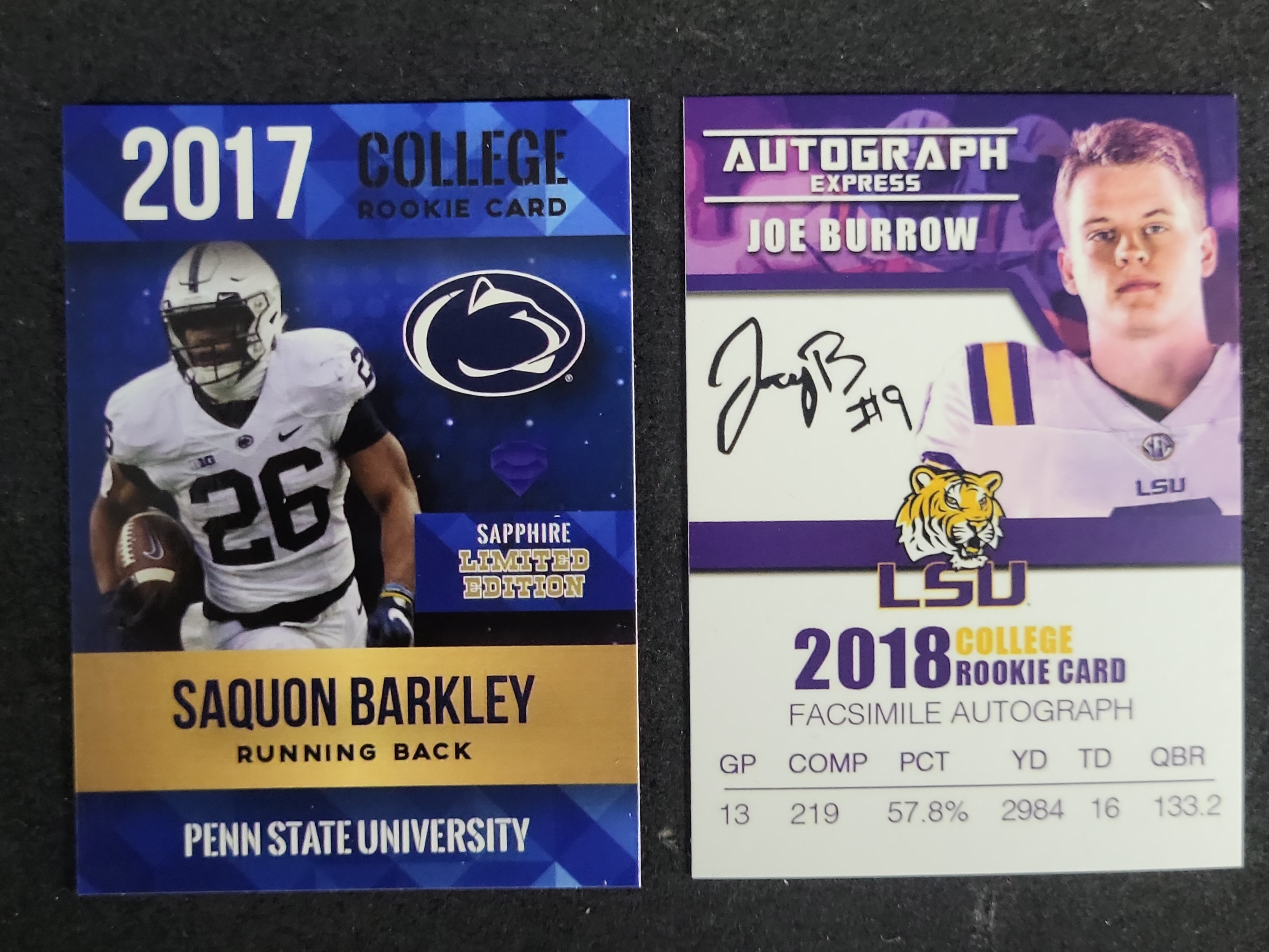 I03583 | Two Collegiate Themed Football Rookie Cards Featuring Saquon Barkley and Joe Burrow