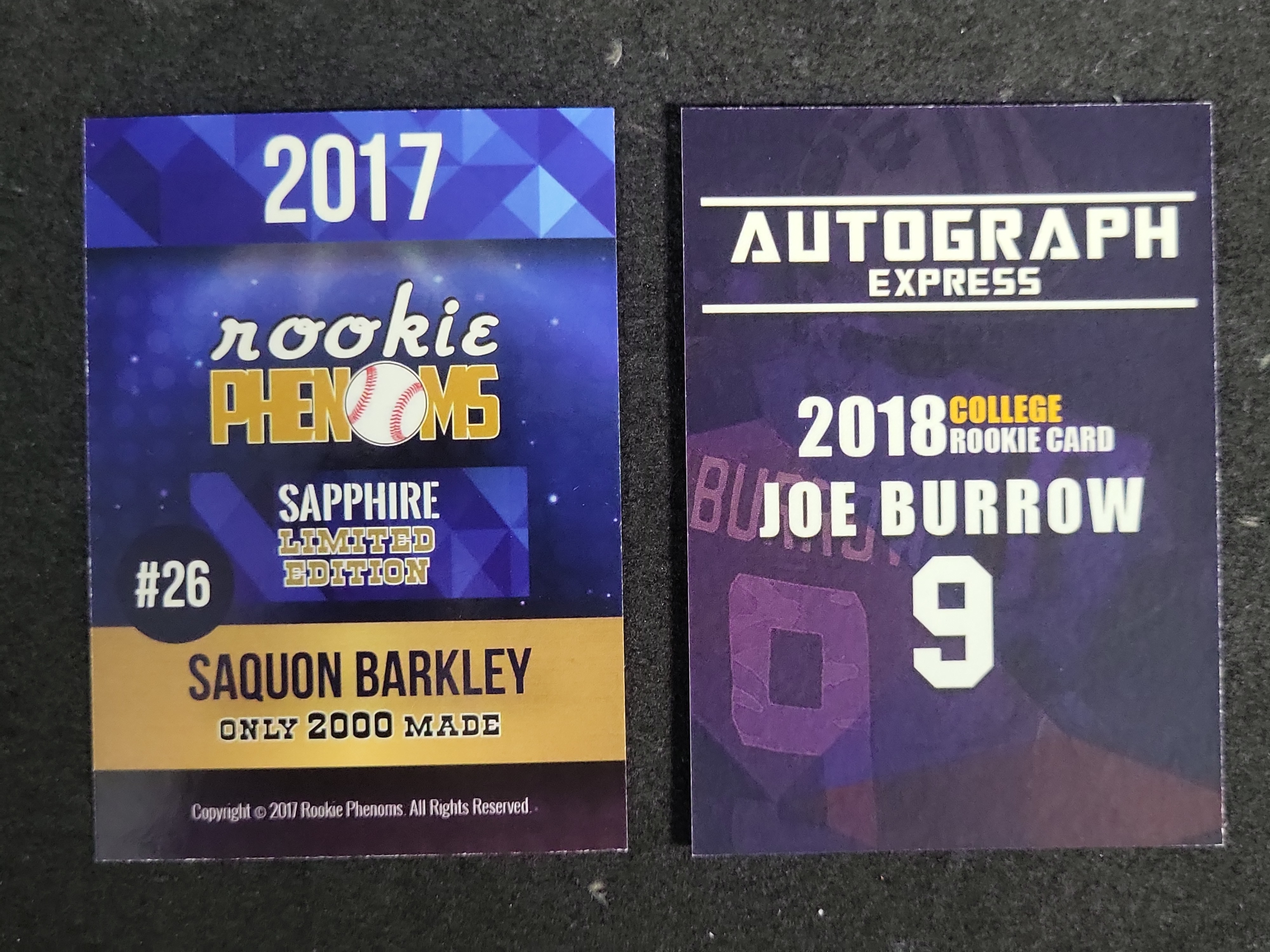 I03583 | Two Collegiate Themed Football Rookie Cards Featuring Saquon Barkley and Joe Burrow