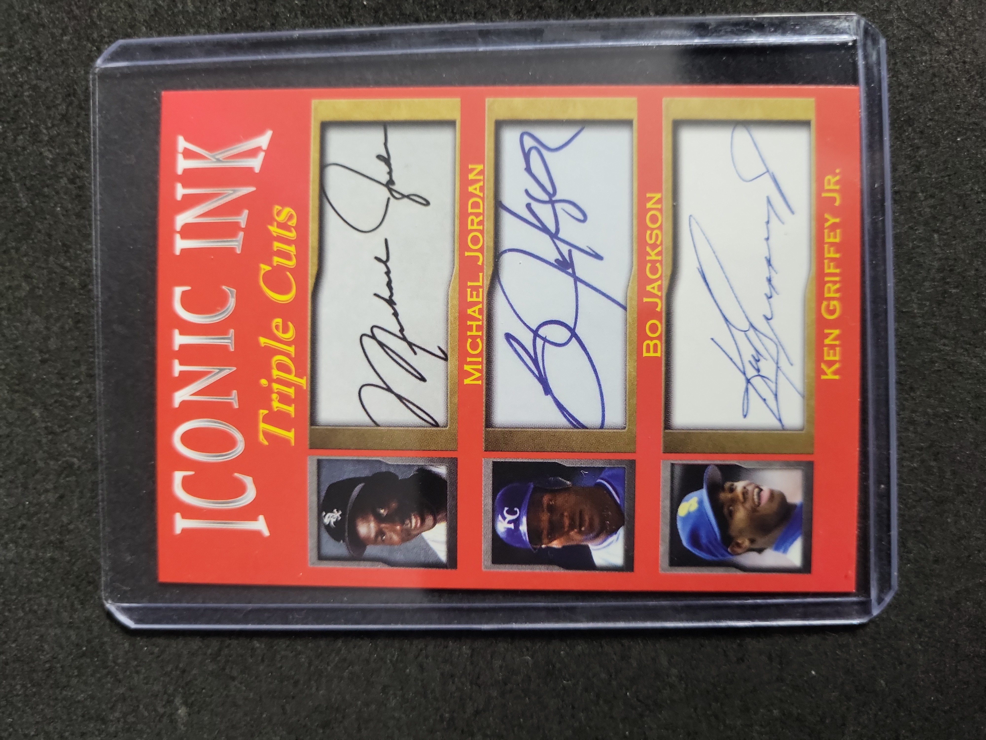 I03287 | Iconic Ink Triple Cuts Michael Jordan Bo Jackson and Ken Griffey Jr Facsimile Autograph Novelty Trading Card Limited Edition of 100