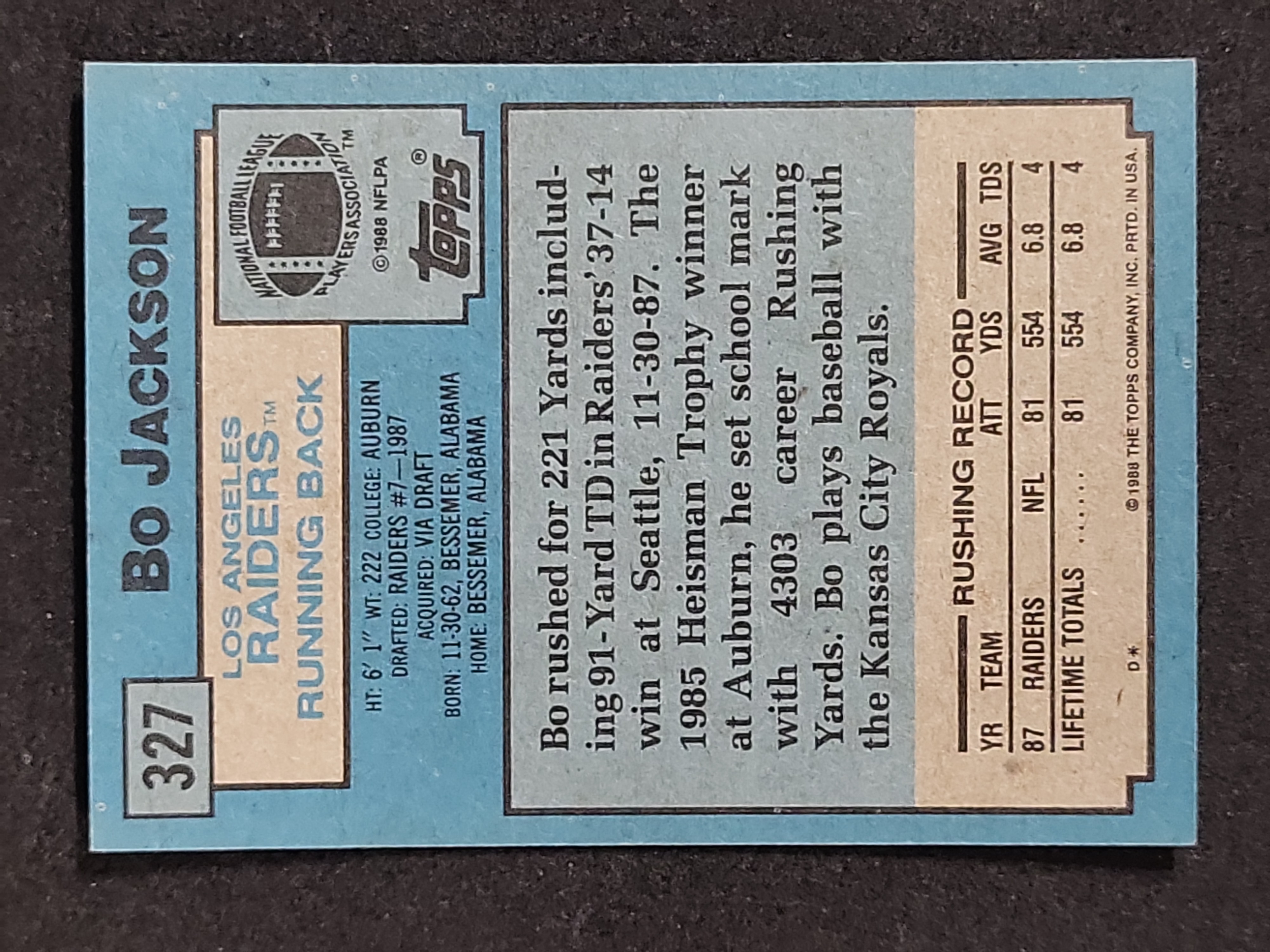 I03881 | 1988 Topps Football Bo Jackson Rookie Card #327 Los Angeles Raiders