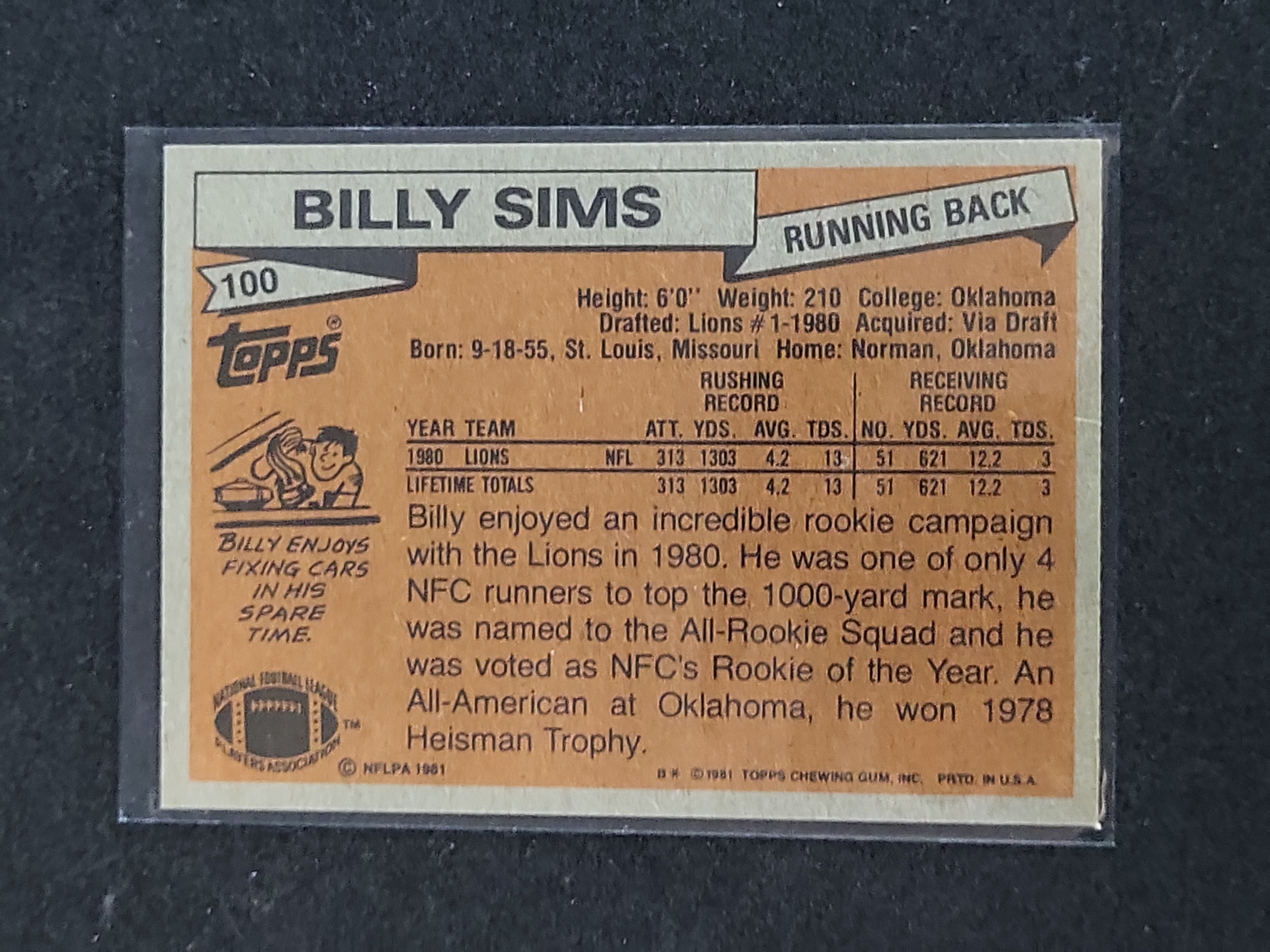 I03154 | 1981 Topps Billy Sims #100 Detroit Lions NFC All Pro Football Card