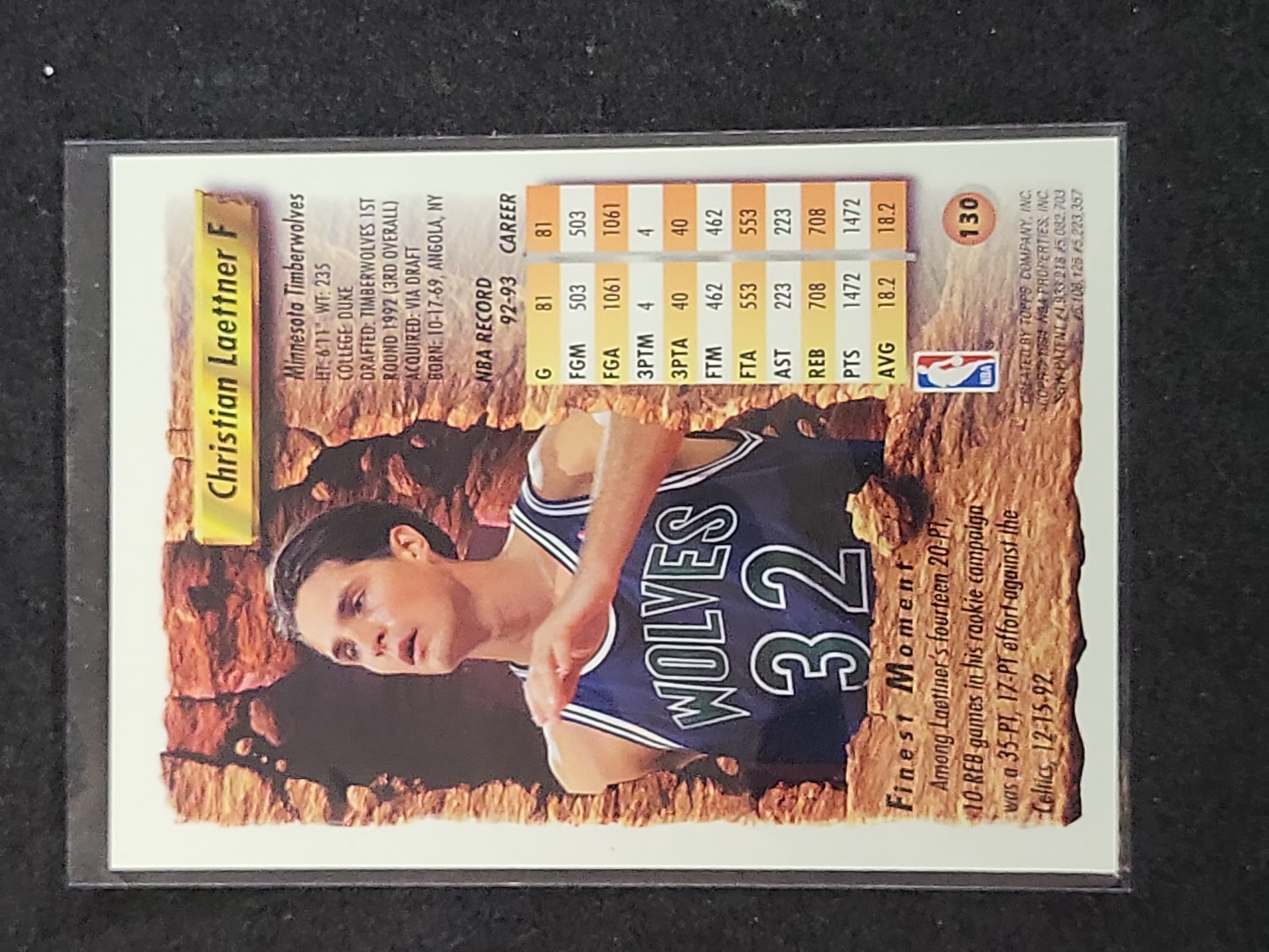 I03155 | 1993-94 Topps Finest Christian Laettner Minnesota Timberwolves Card #130