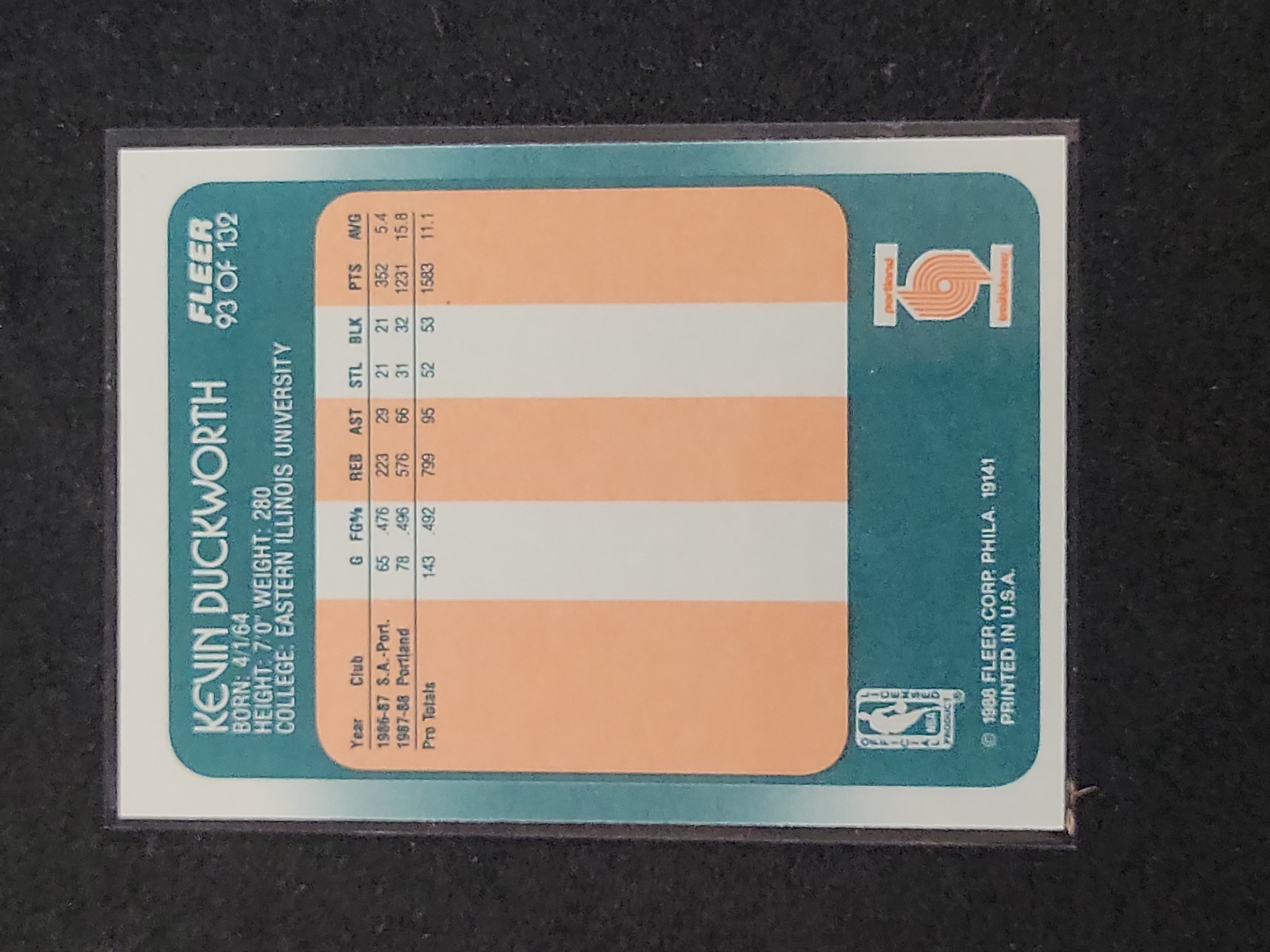 I03141 | 1988-89 Fleer Kevin Duckworth #93 Portland Trail Blazers Basketball Rookie Card
