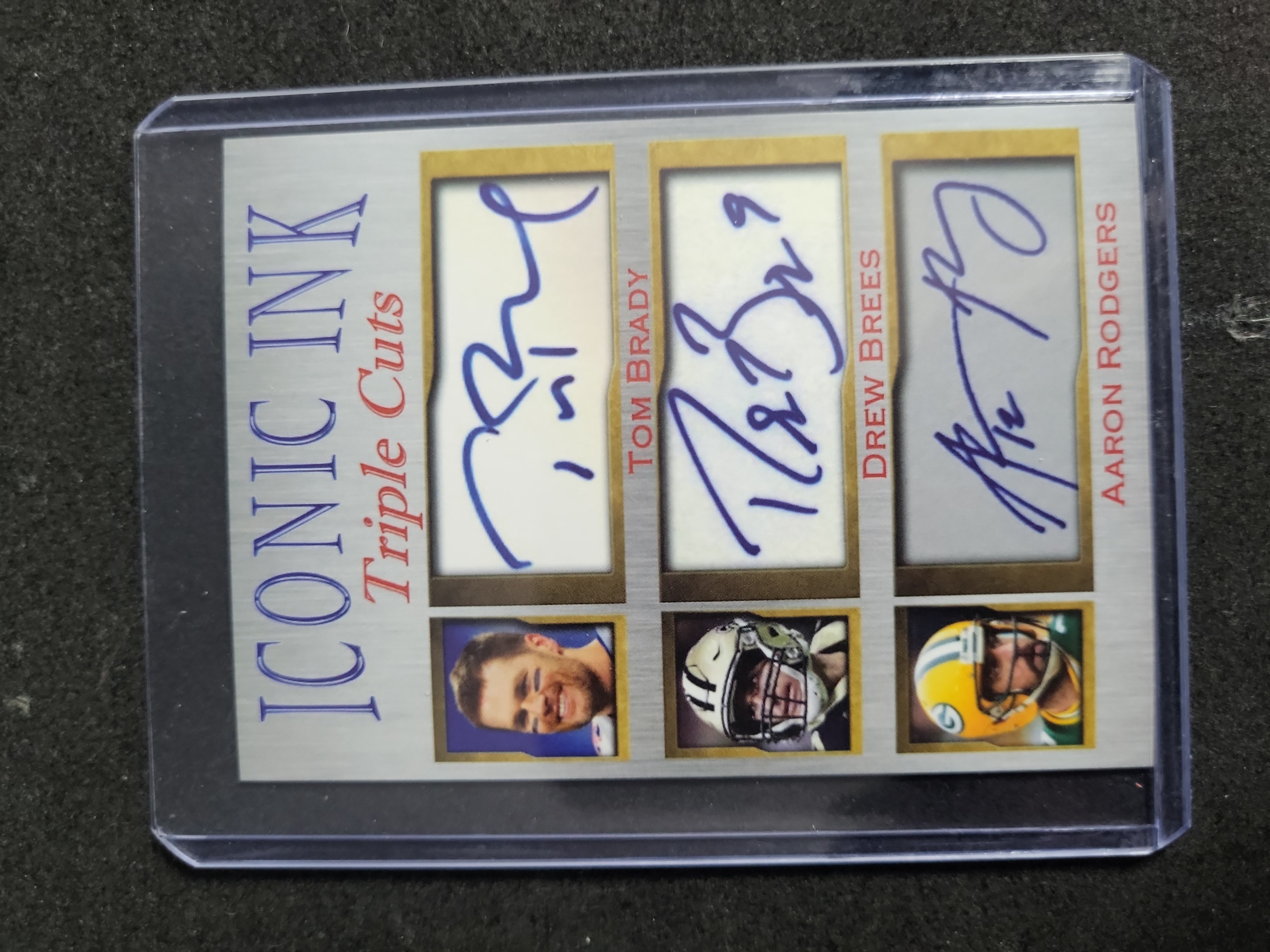 I03286 | Iconic Ink Triple Cuts Tom Brady Drew Brees Aaron Rodgers Facsimile Autograph Novelty Card Limited Edition of 1000