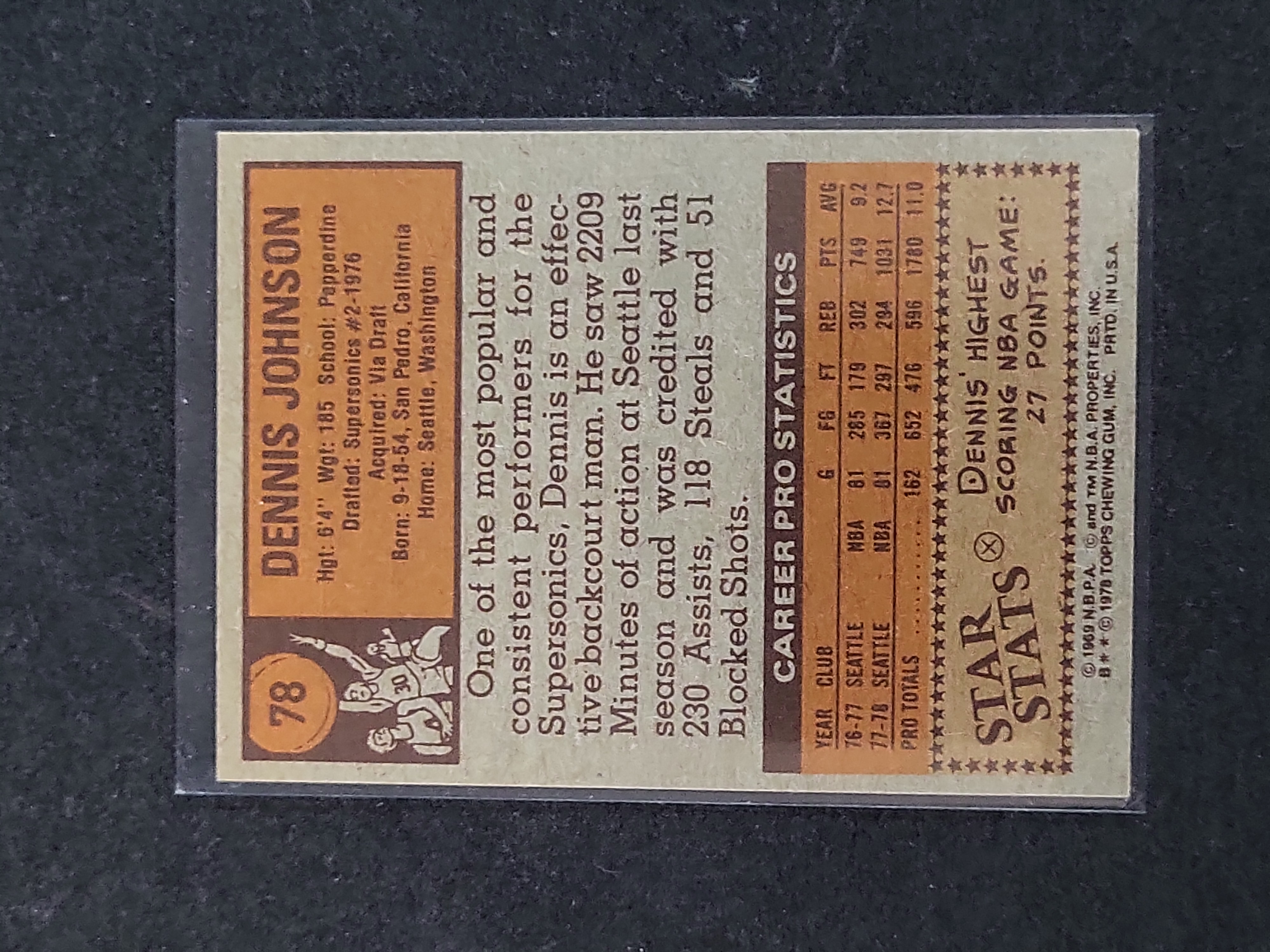 I03135 | 1978-79 Topps Dennis Johnson Seattle SuperSonics Basketball Card Number 78