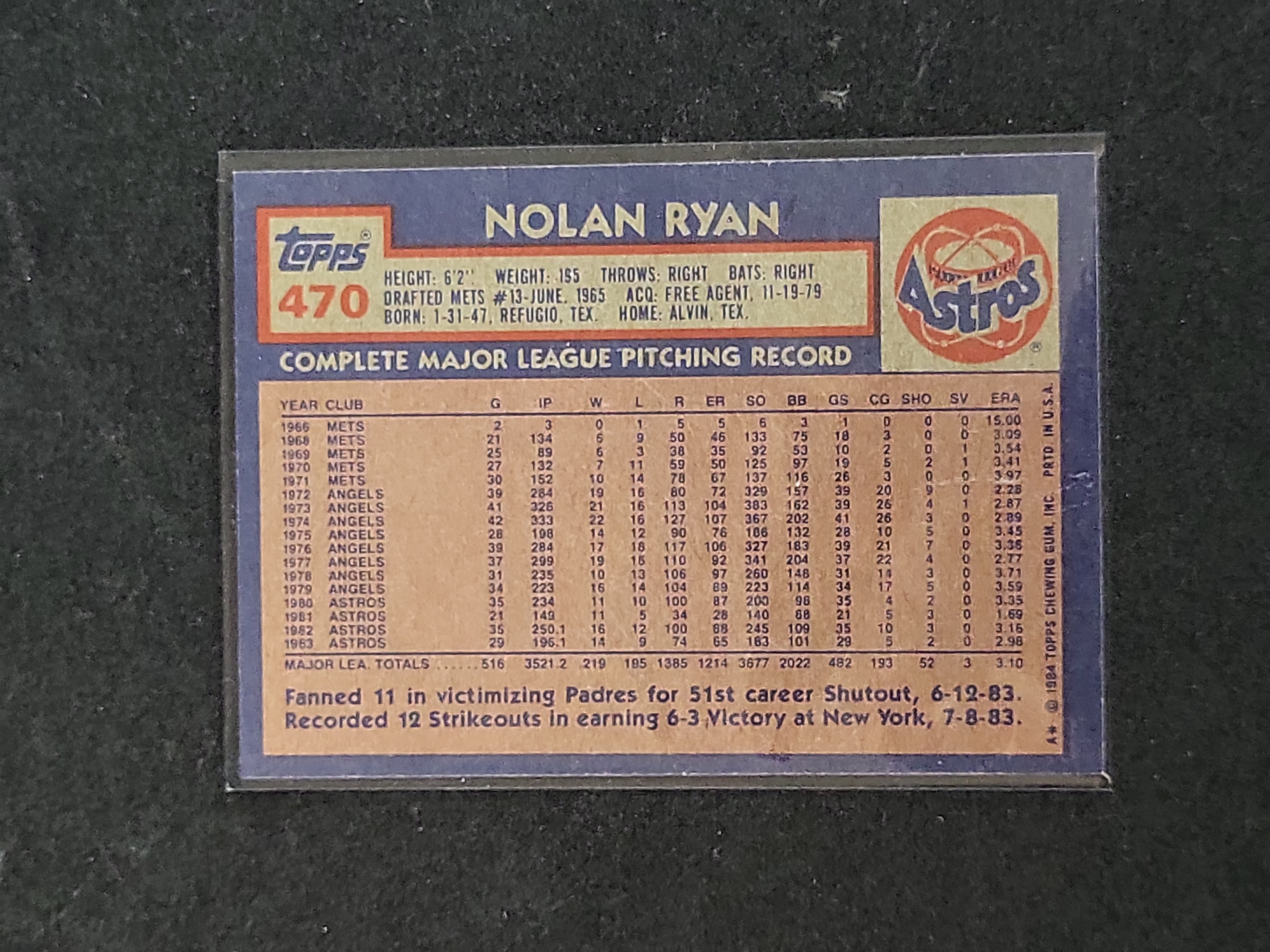 I03151 | 1984 Topps Nolan Ryan Houston Astros Baseball Card Number 470
