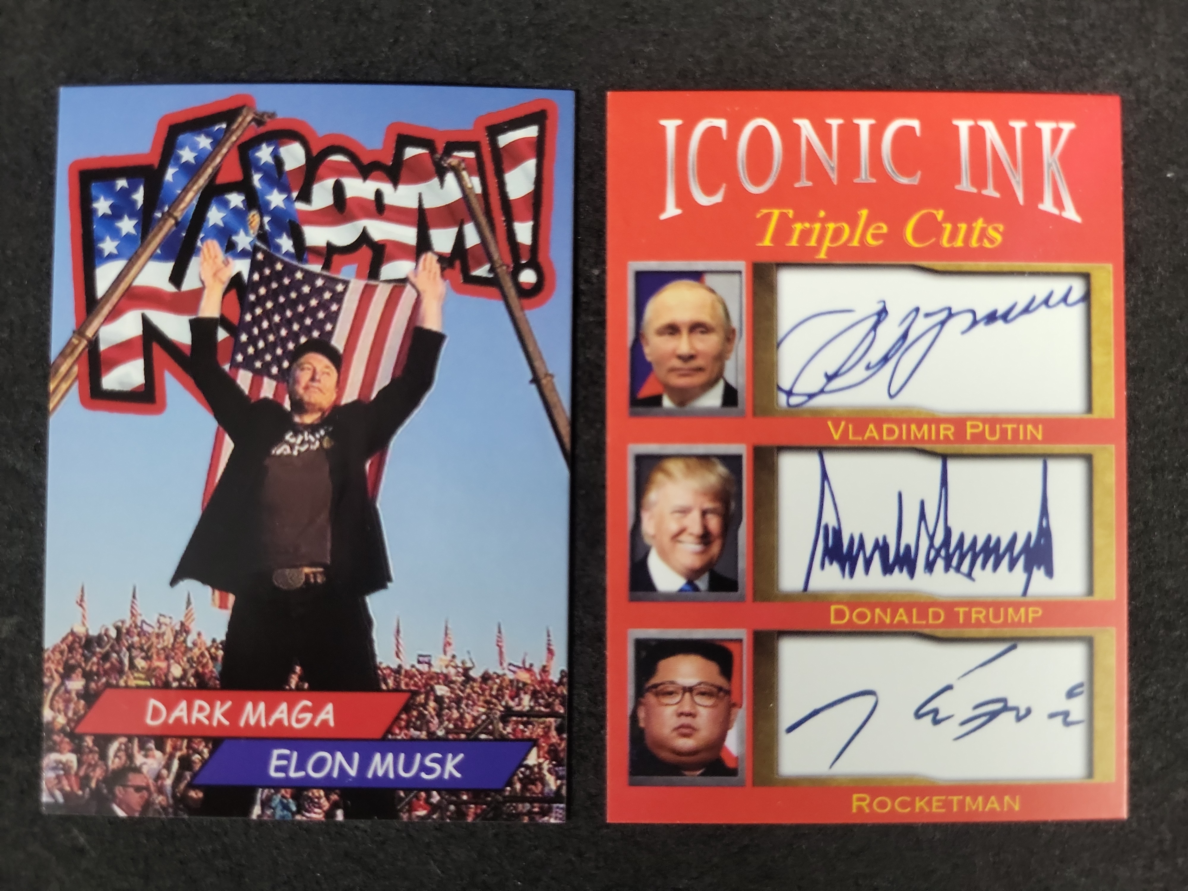 I03582 | Two Commemorative Political Trading Cards Featuring Elon Musk and World Leaders