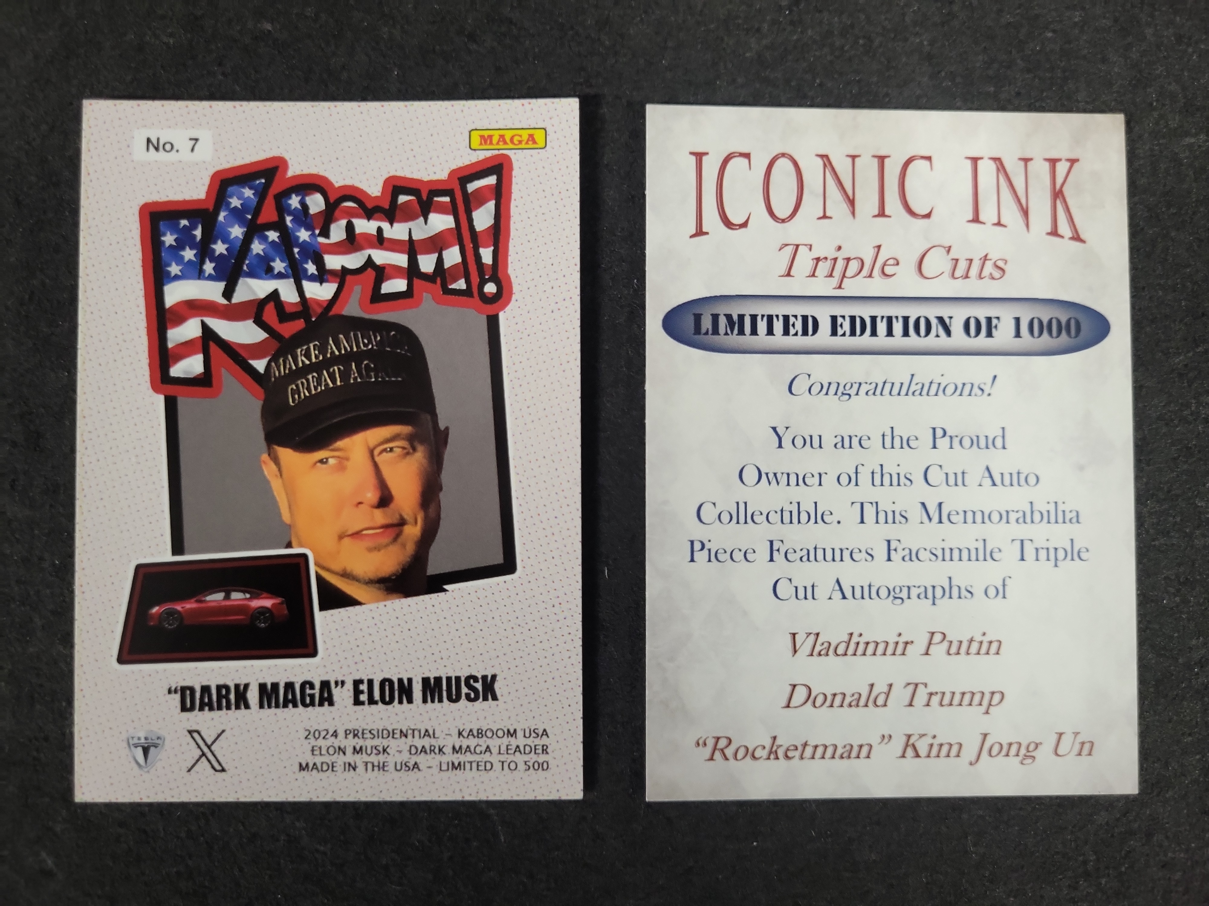 I03582 | Two Commemorative Political Trading Cards Featuring Elon Musk and World Leaders