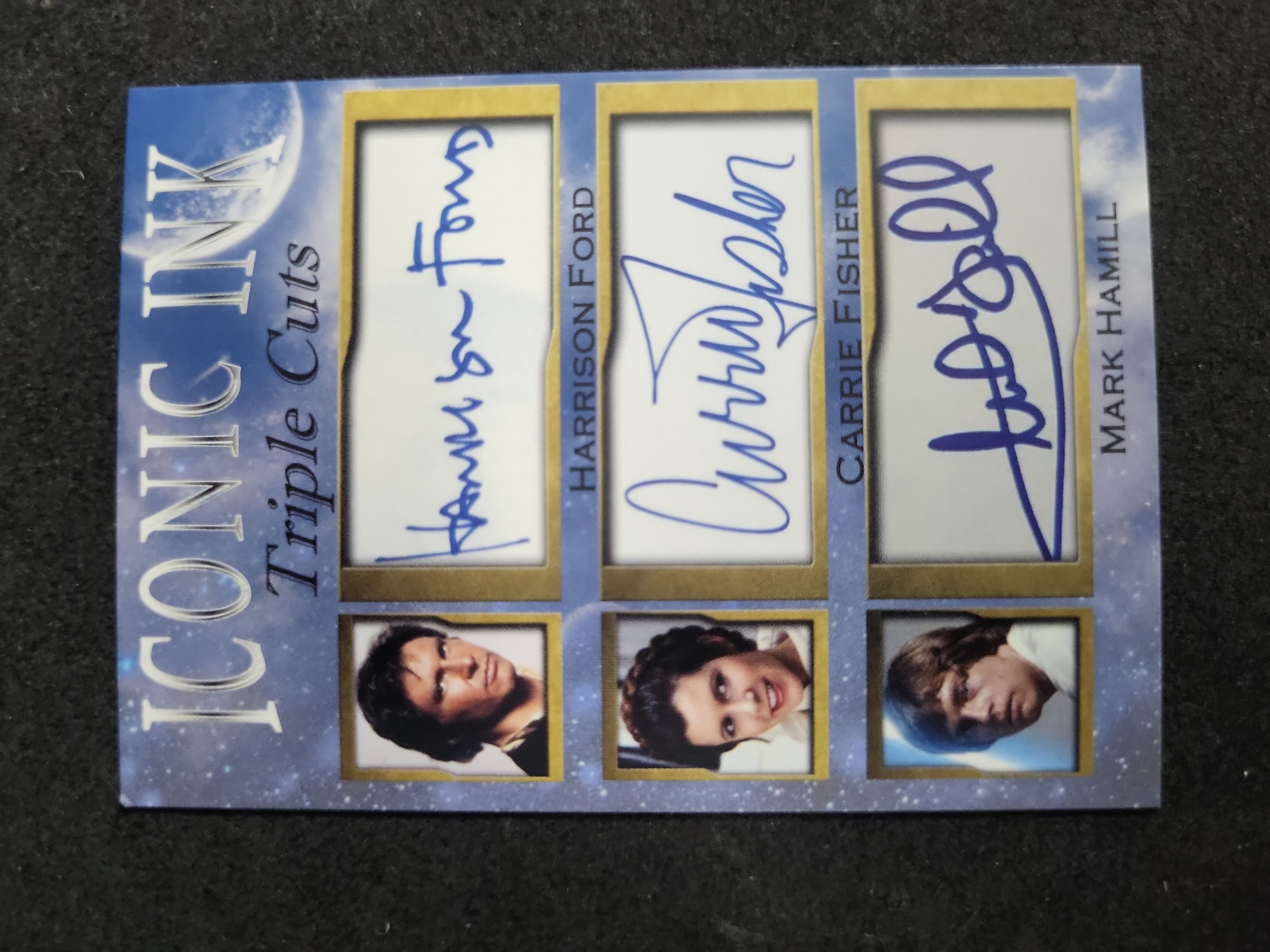 I03604 | Iconic Ink Triple Cuts Star Wars Facsimile Triple Autograph Card Harrison Ford Carrie Fisher and Mark Hamill