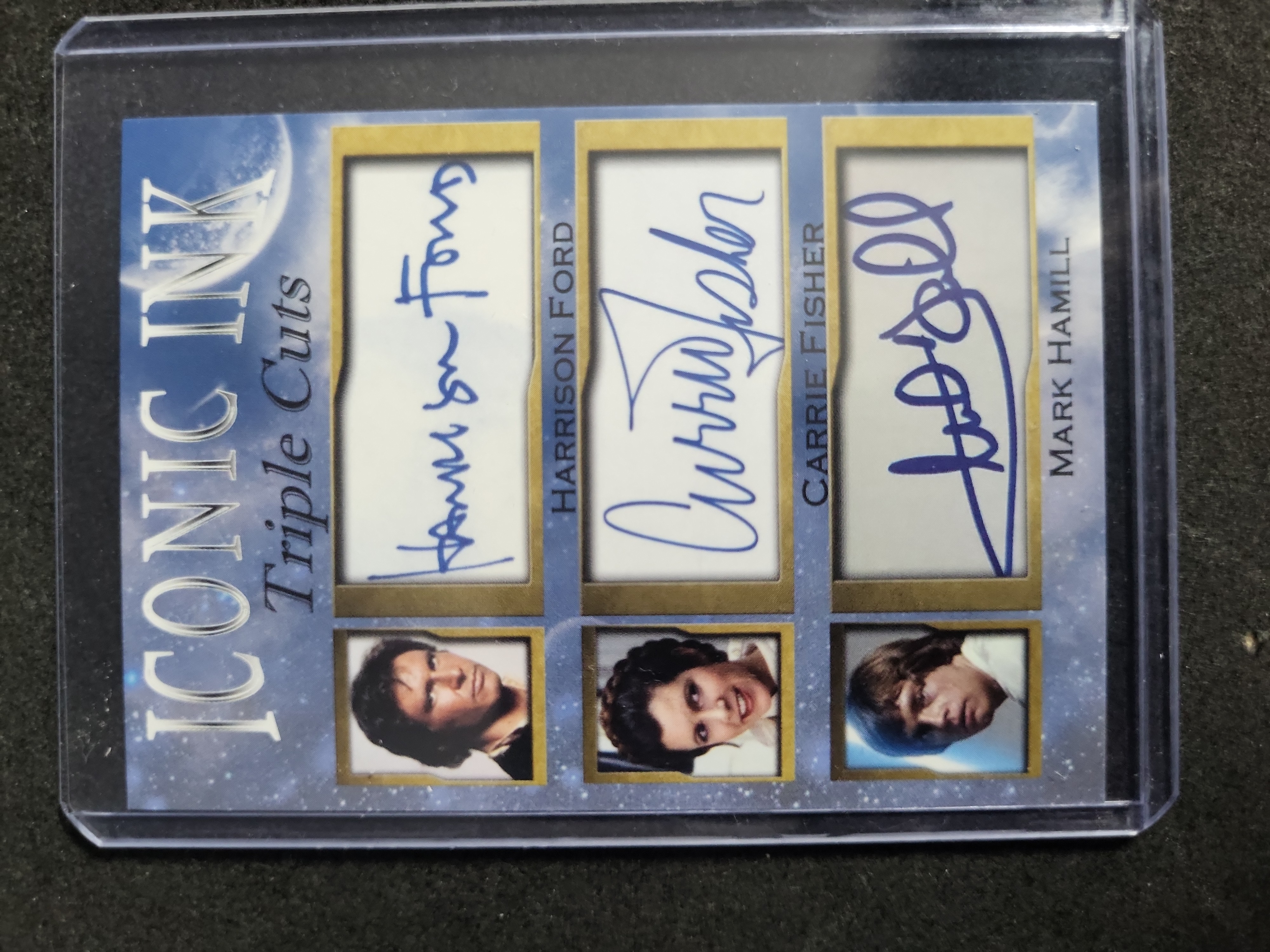 I03284 | Iconic Ink Triple Cuts Star Wars Facsimile Autograph Card Harrison Ford Carrie Fisher Mark Hamill Limited Edition of 1000