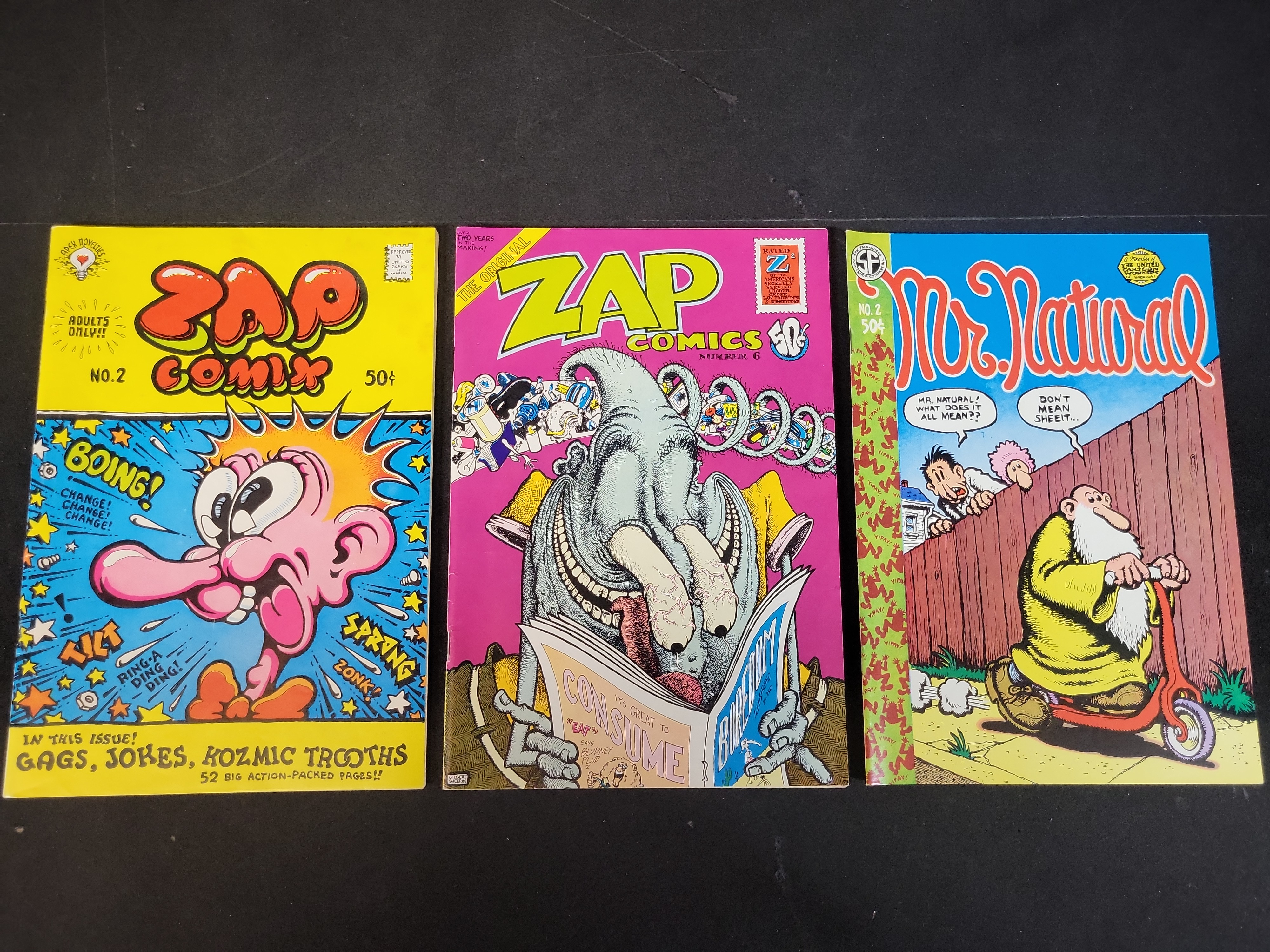 I03672 | Trio of Underground Comic Books Including Zap Comix No. 2, Zap Comix No. 6, and Mr. Natural No. 2
