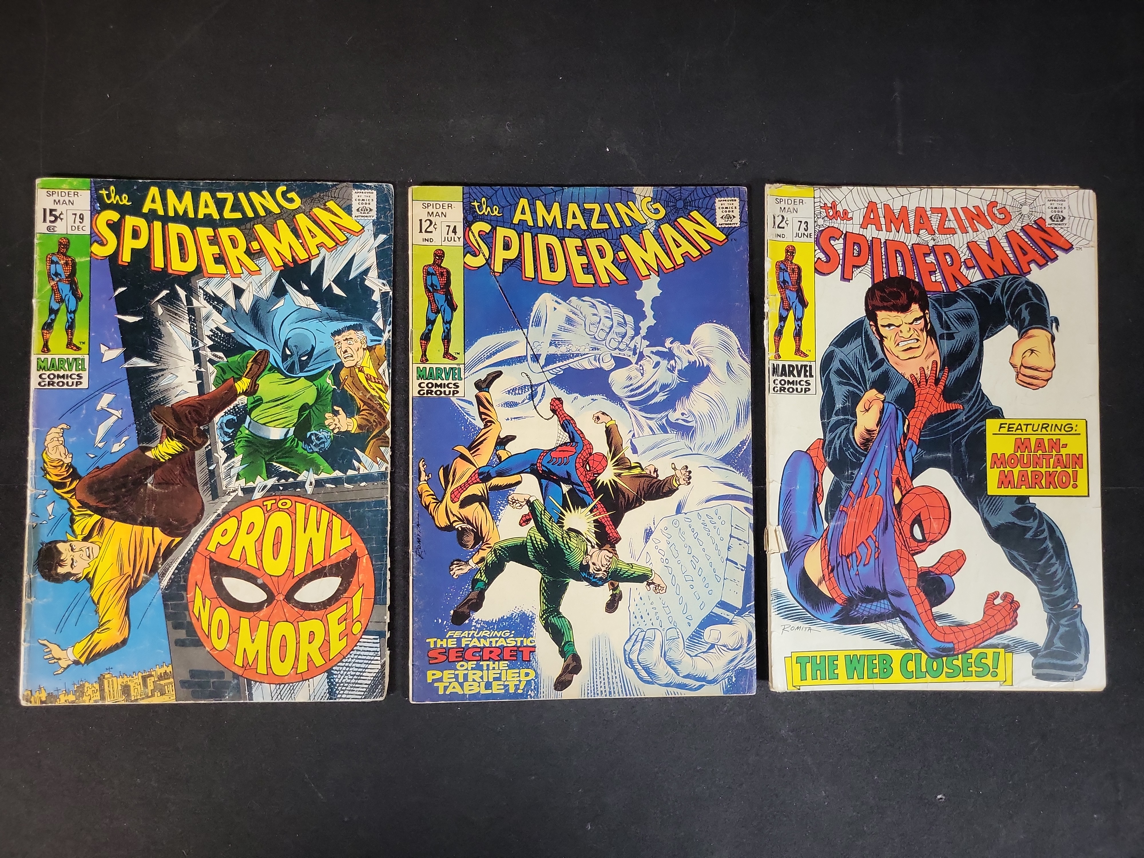 I03763 | A Trio of The Amazing Spider-Man Comic Books, Issues #73, #74, and #79