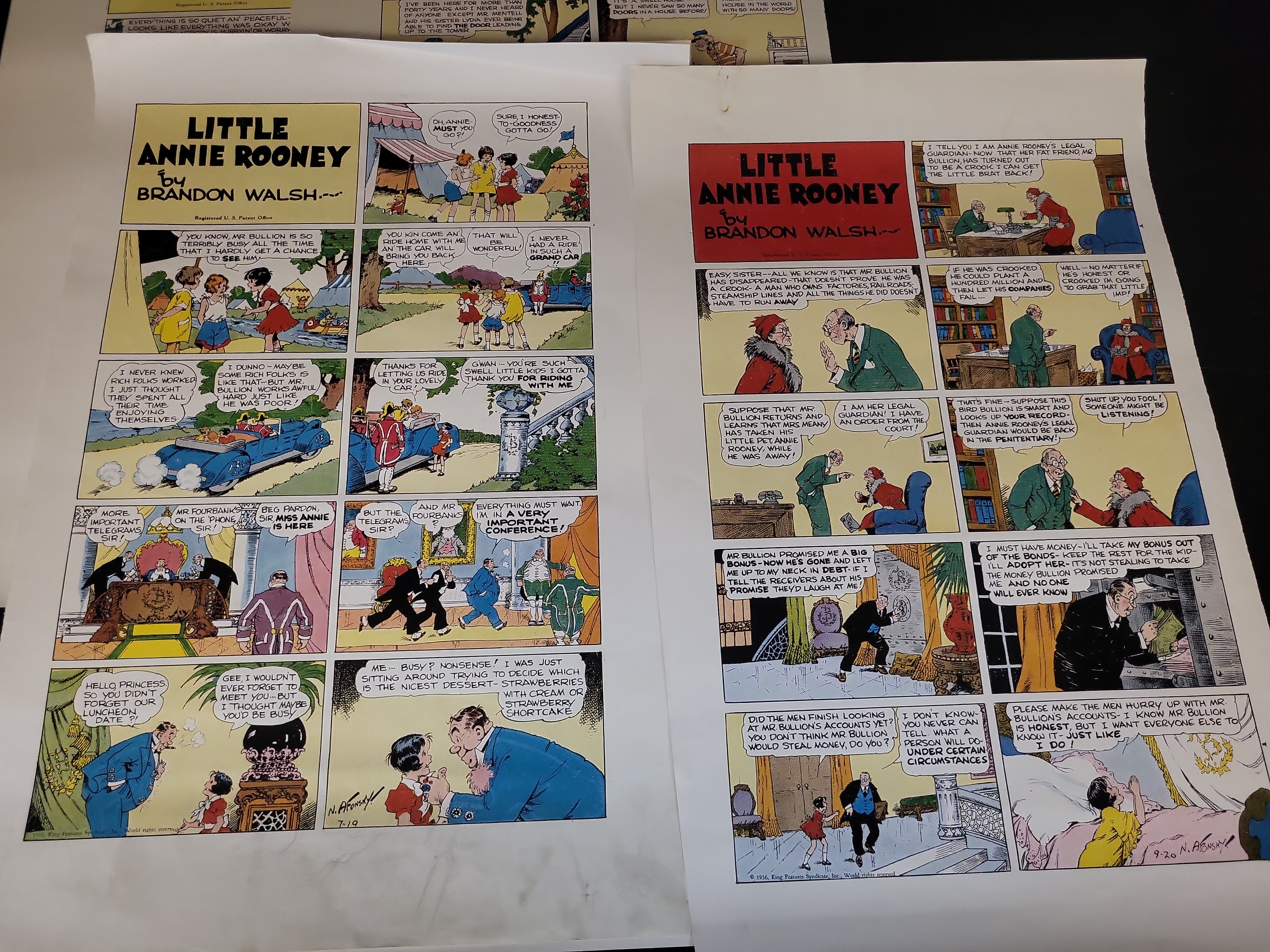 I03466 | Group of Eight Little Annie Rooney Sunday Comic Strip Proof Sheets ca 1935-1936