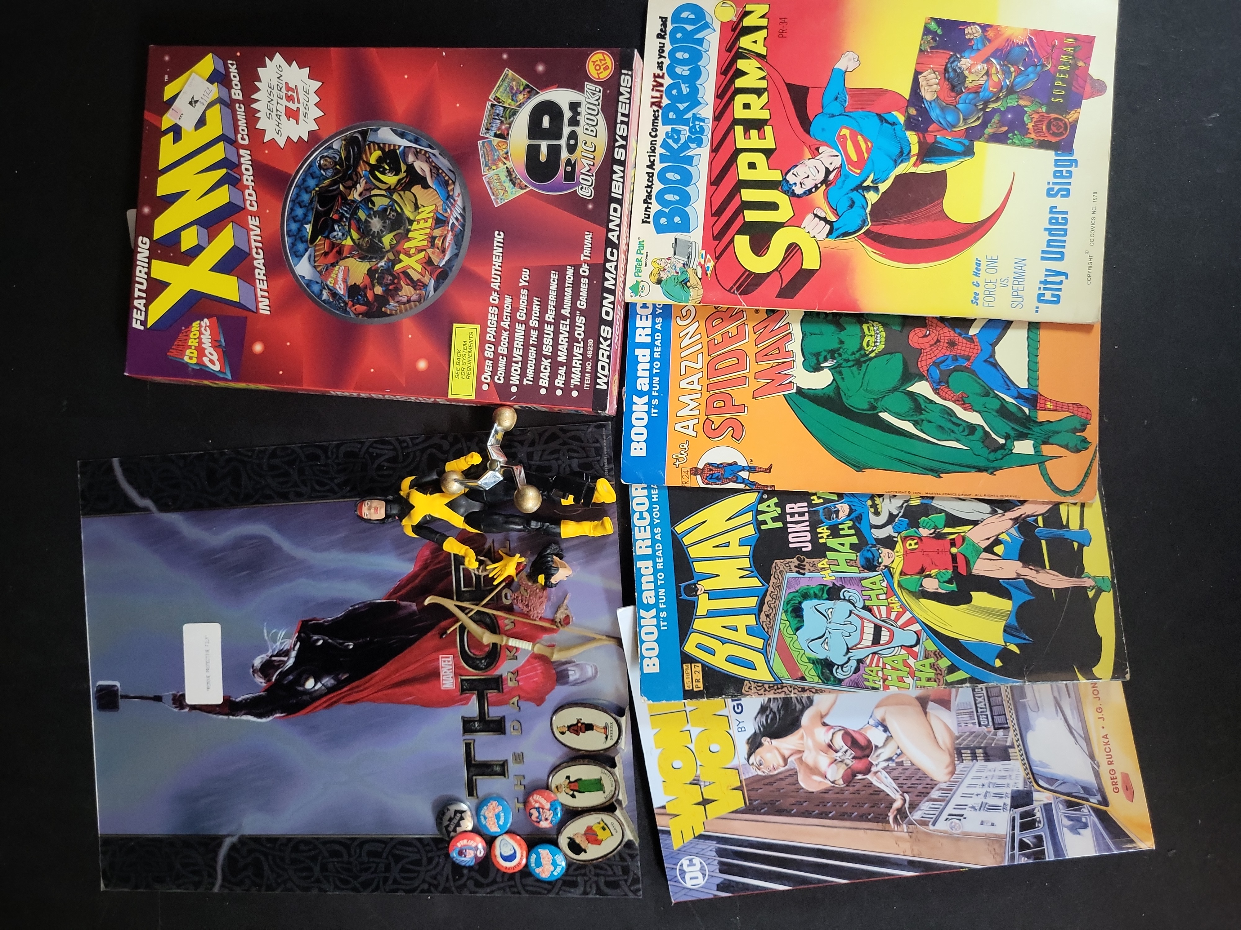 I03665 | A Collection of Marvel and DC Comics Vintage Memorabilia Book and Record Sets and Action Figures