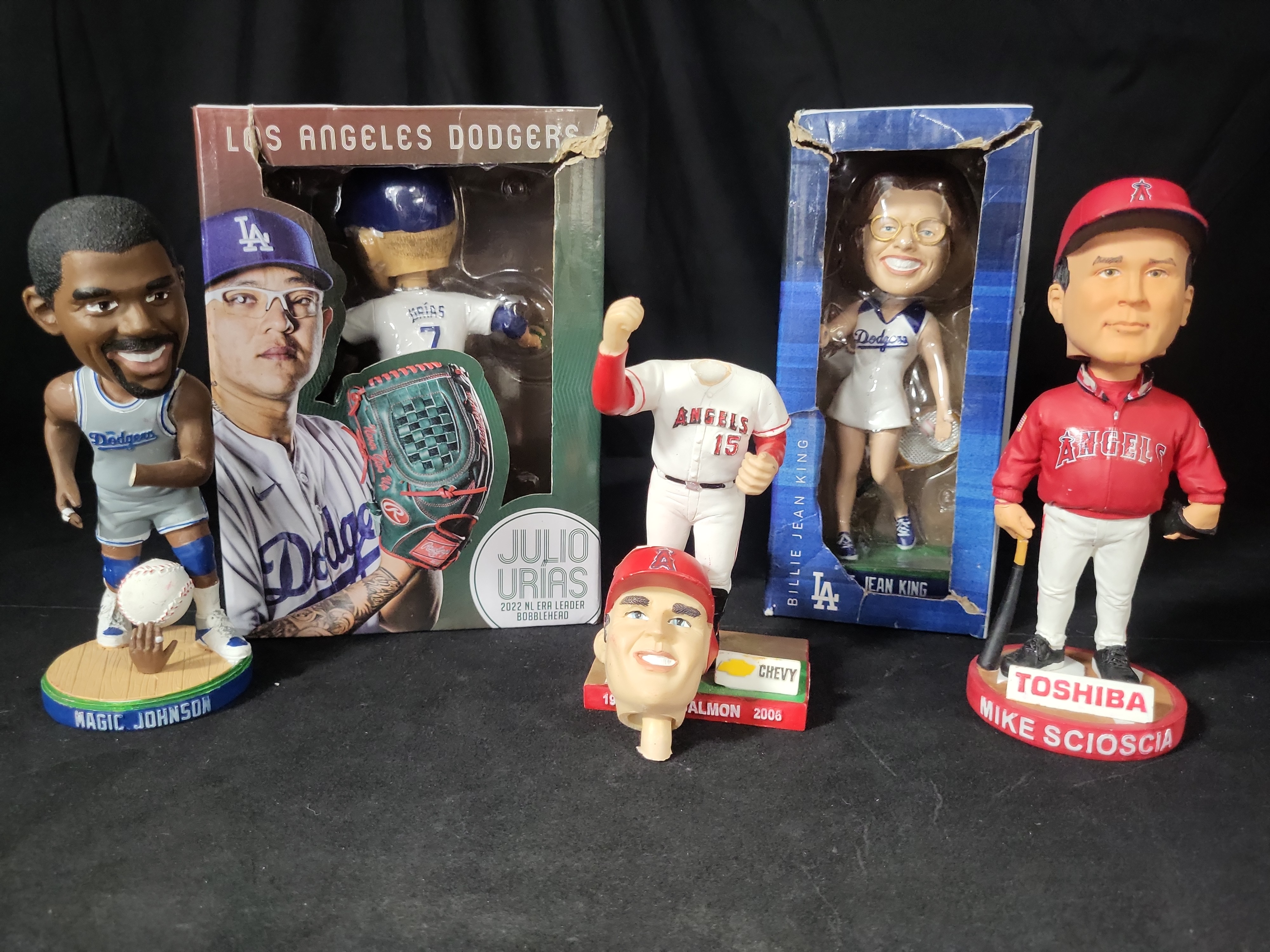 I03848 | Assortment of Five Los Angeles Dodgers and Angels Sports Bobbleheads including Magic Johnson and Julio Urias