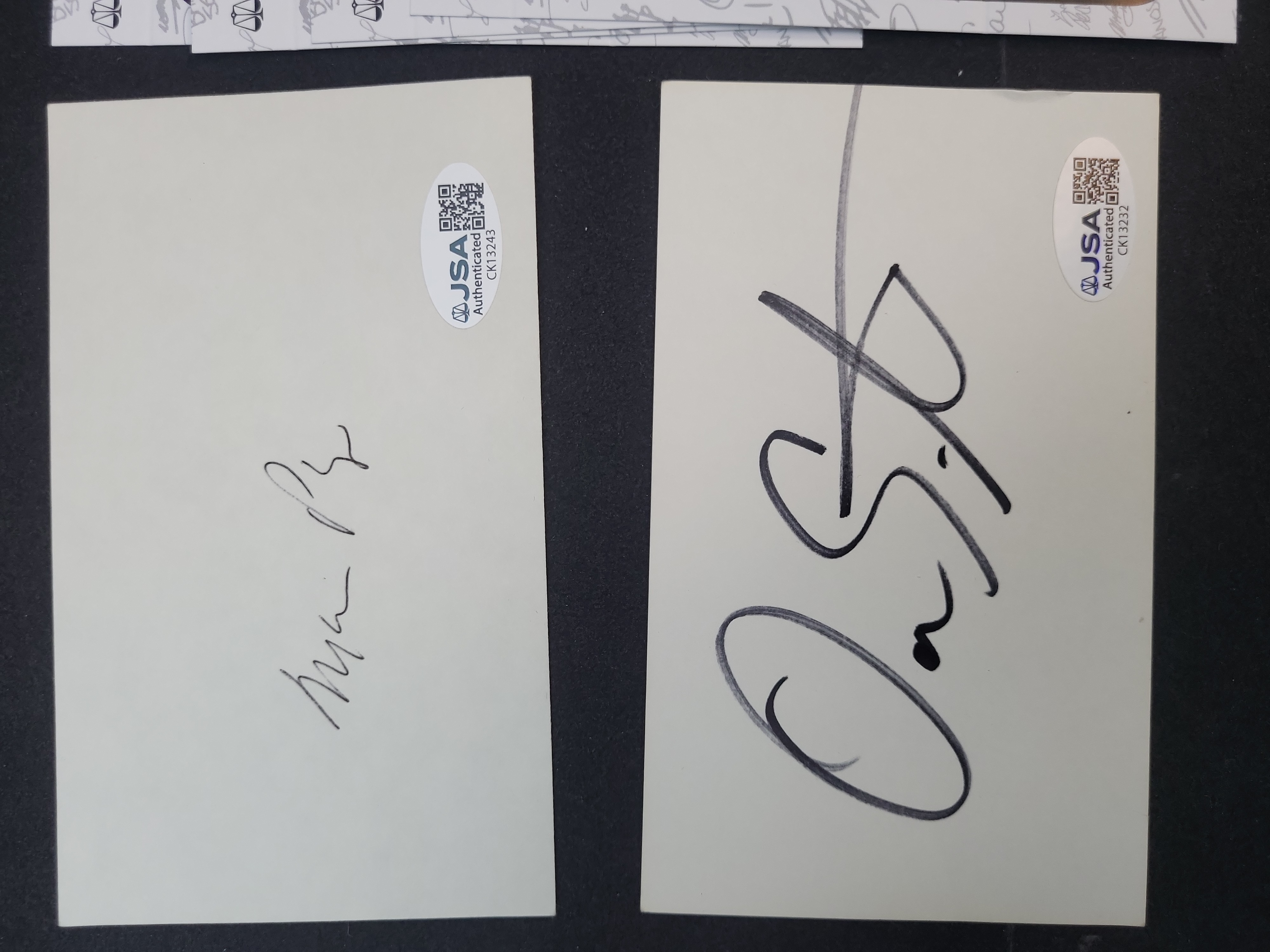 I03370 | Four JSA Authenticated Autographed Index Cards including Mario Puzo and Gunnar Hansen