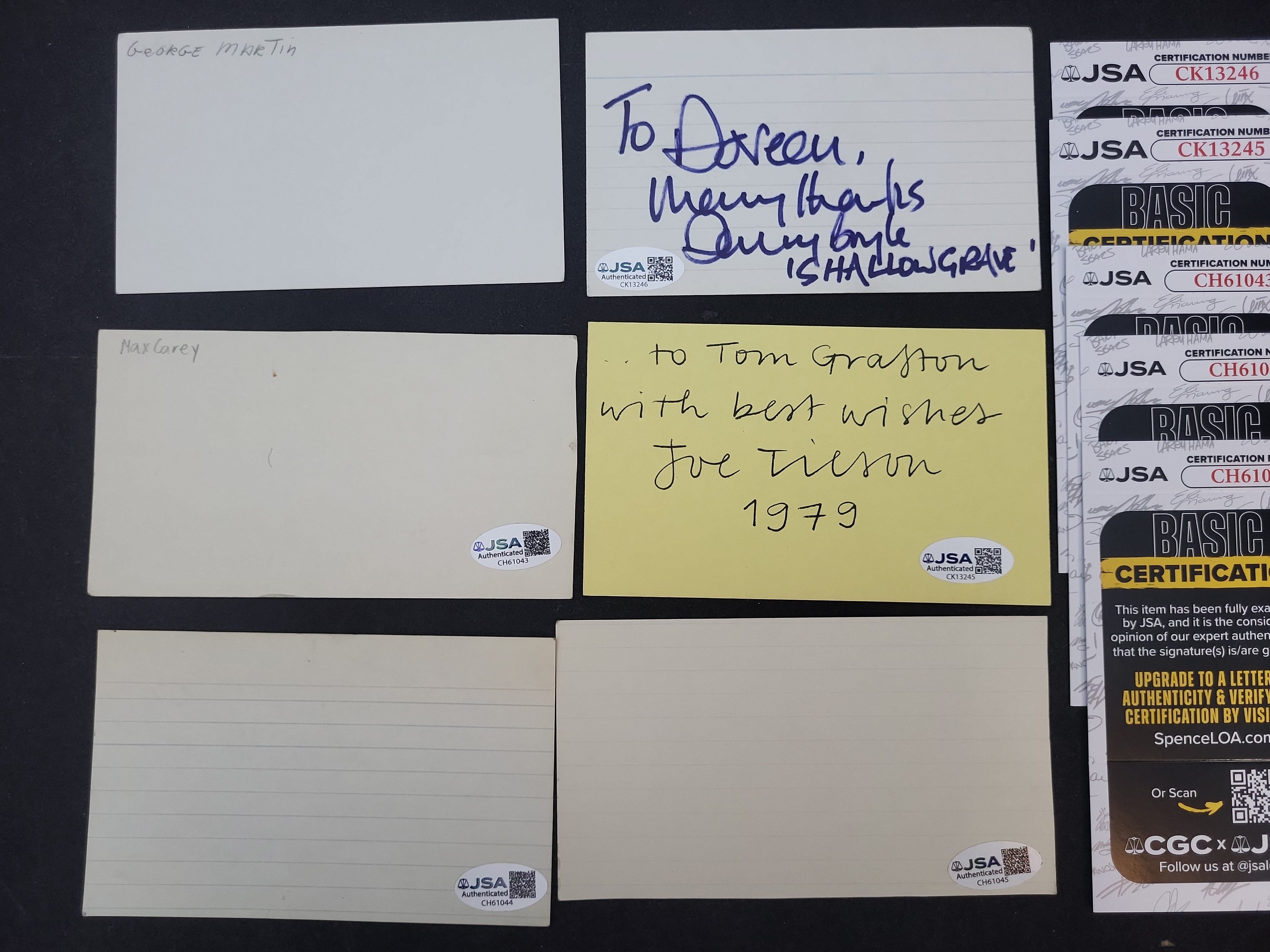 I03372 | Lot of (6) Autographed Cards and Slips Featuring Baseball Hall of Famers and Entertainment Figures