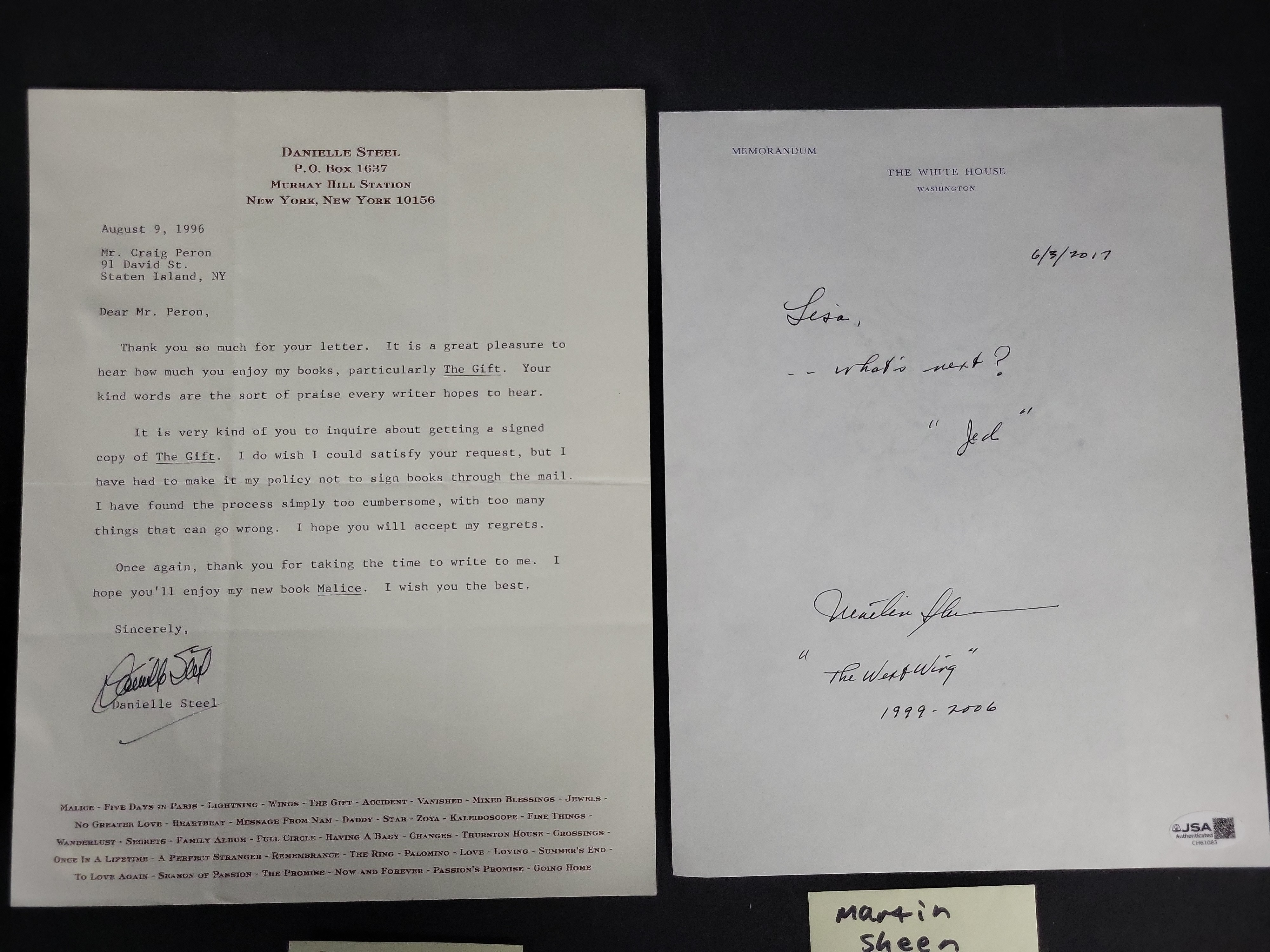 I03398 | Steel, Danielle and Martin Sheen. Two Signed Items (TLS and ANS).