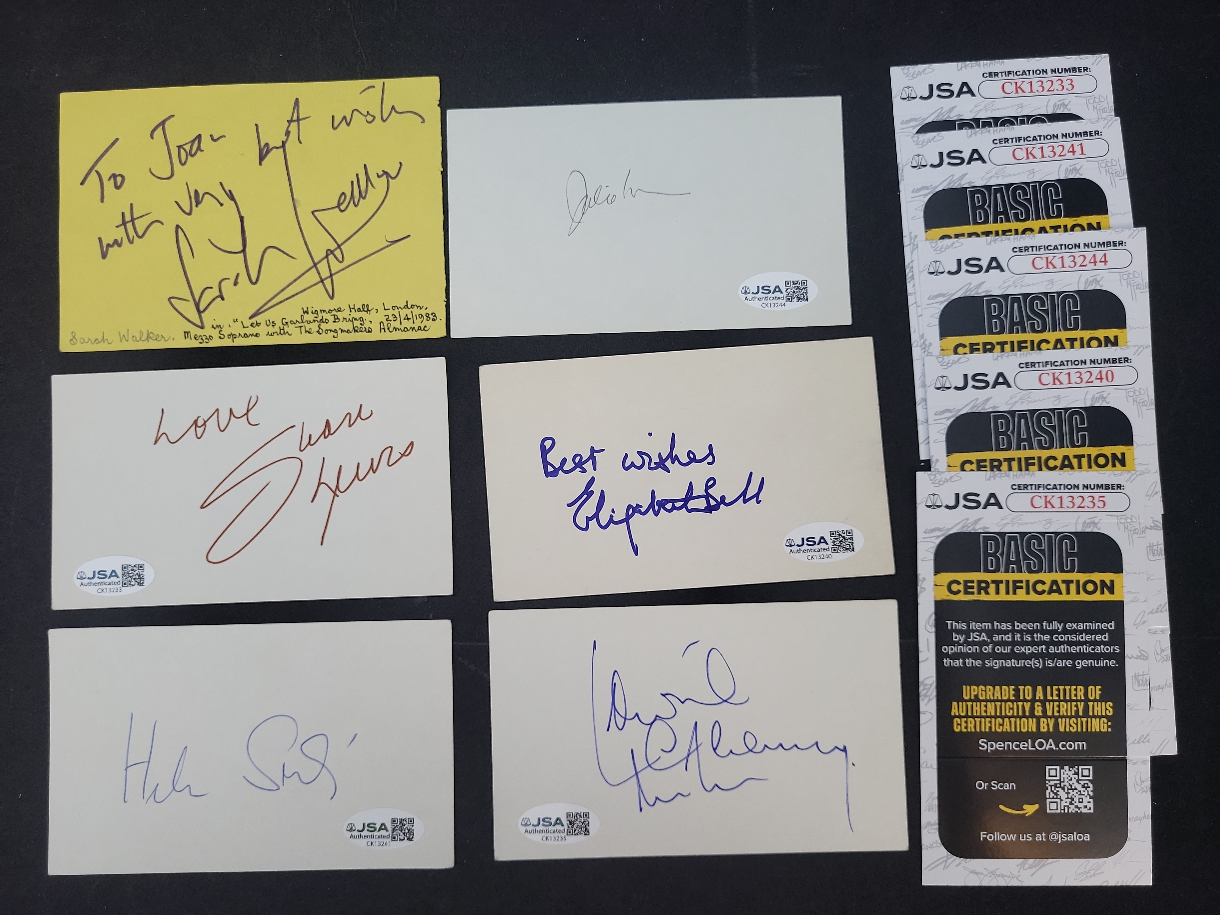 I03369 | Collection of Six Autographed Cards and Slips Featuring Julie London and Shari Lewis