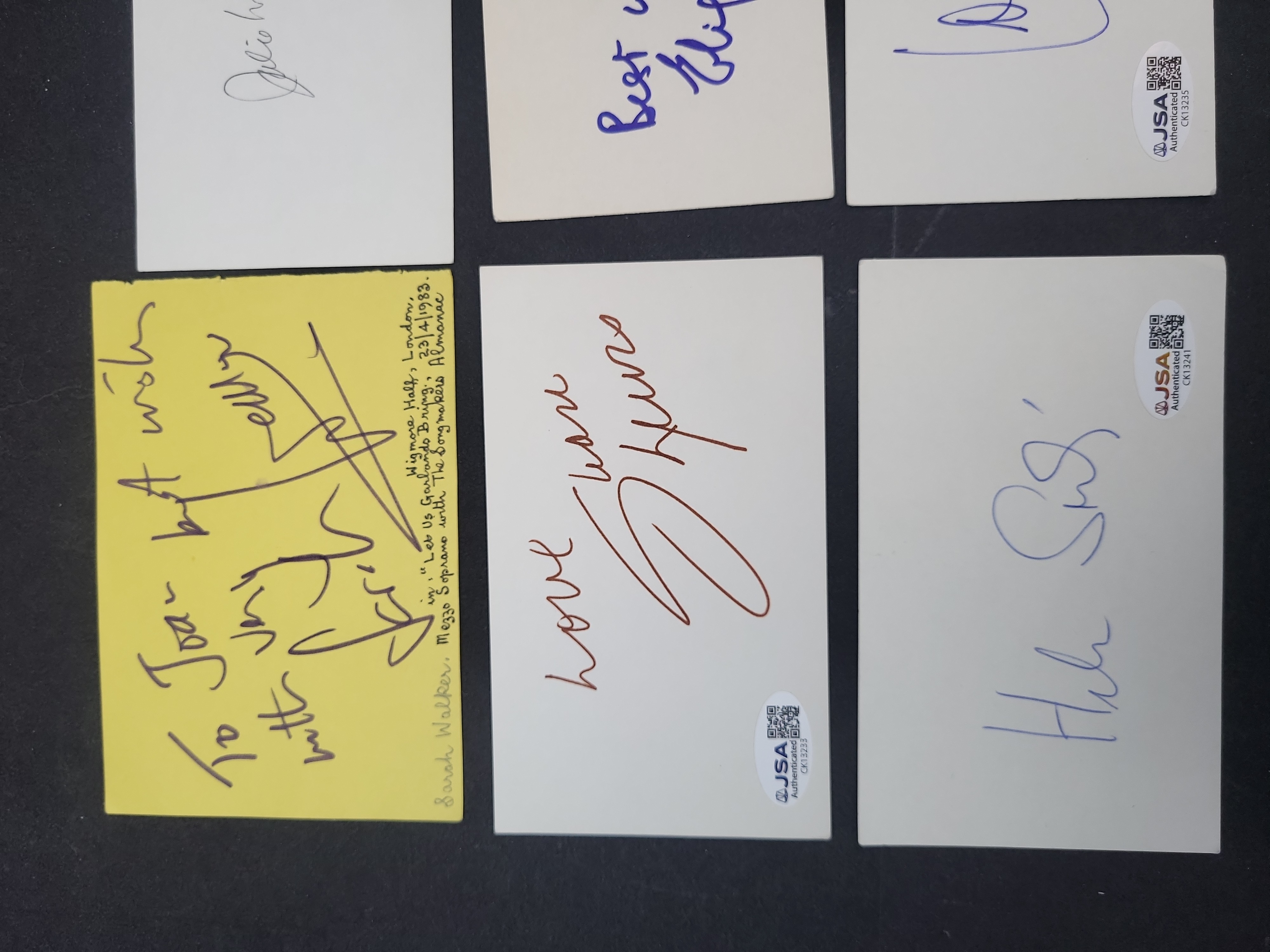 I03369 | Collection of Six Autographed Cards and Slips Featuring Julie London and Shari Lewis
