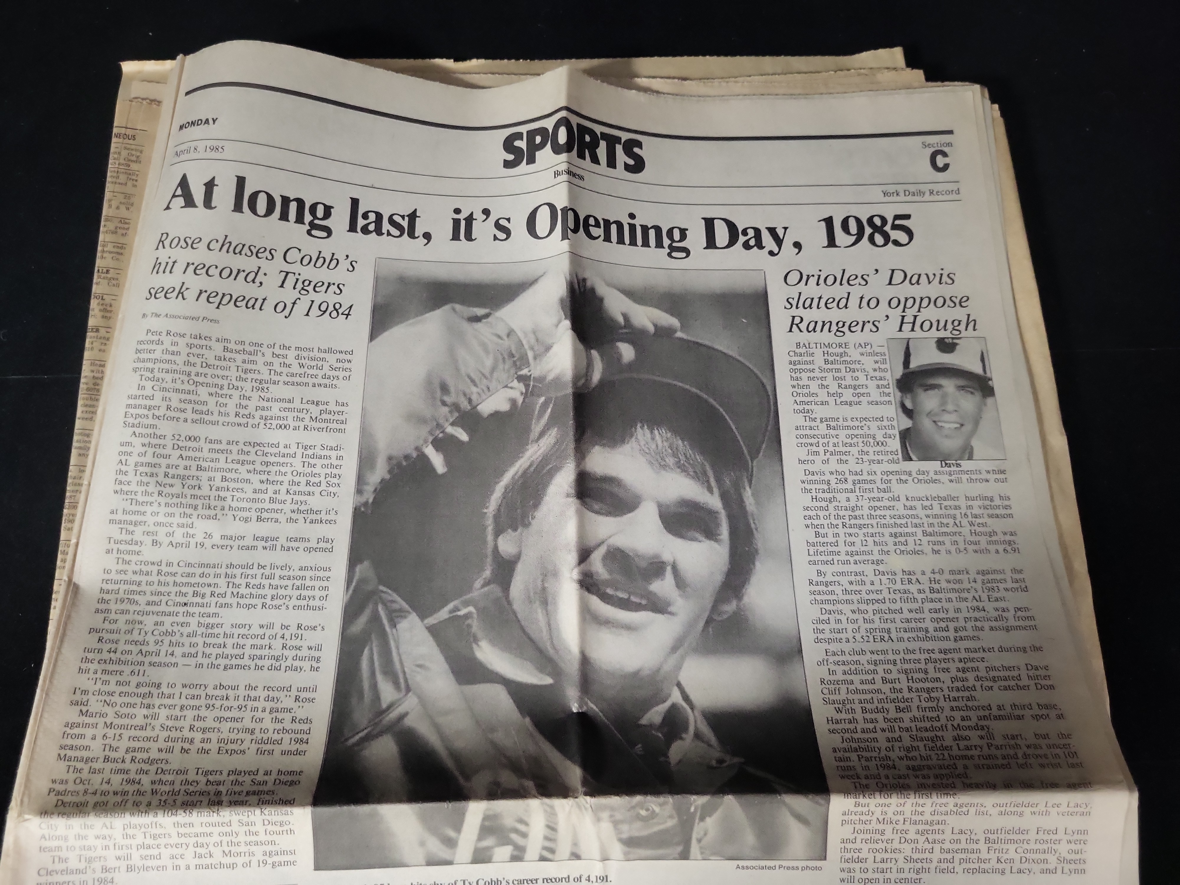I01817 | York Daily Record Sports Section Newspaper Featuring Pete Rose, April 8, 1985