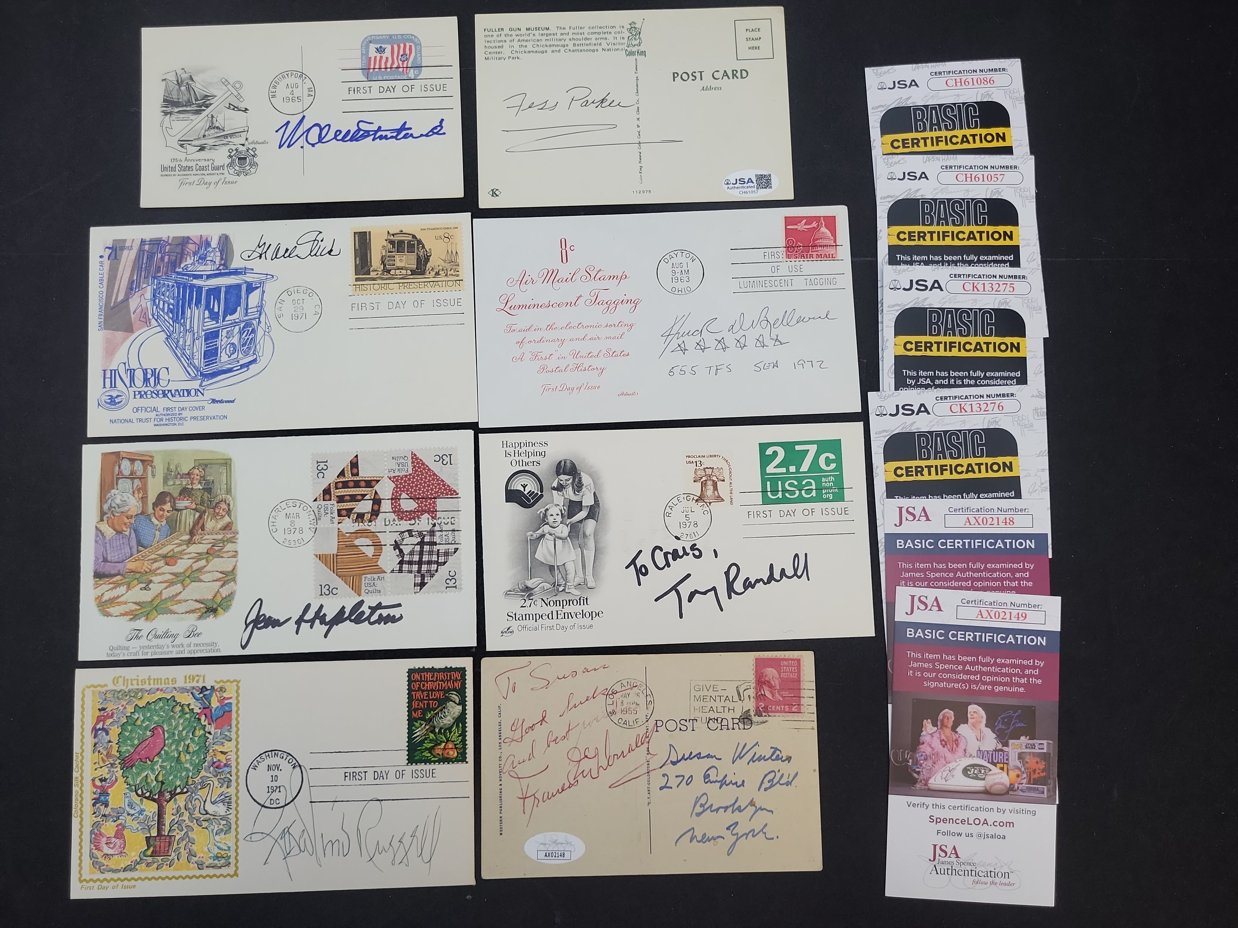 I03360 | A Collection of Eight Autographed First Day Covers and Vintage Postcards with JSA Certification
