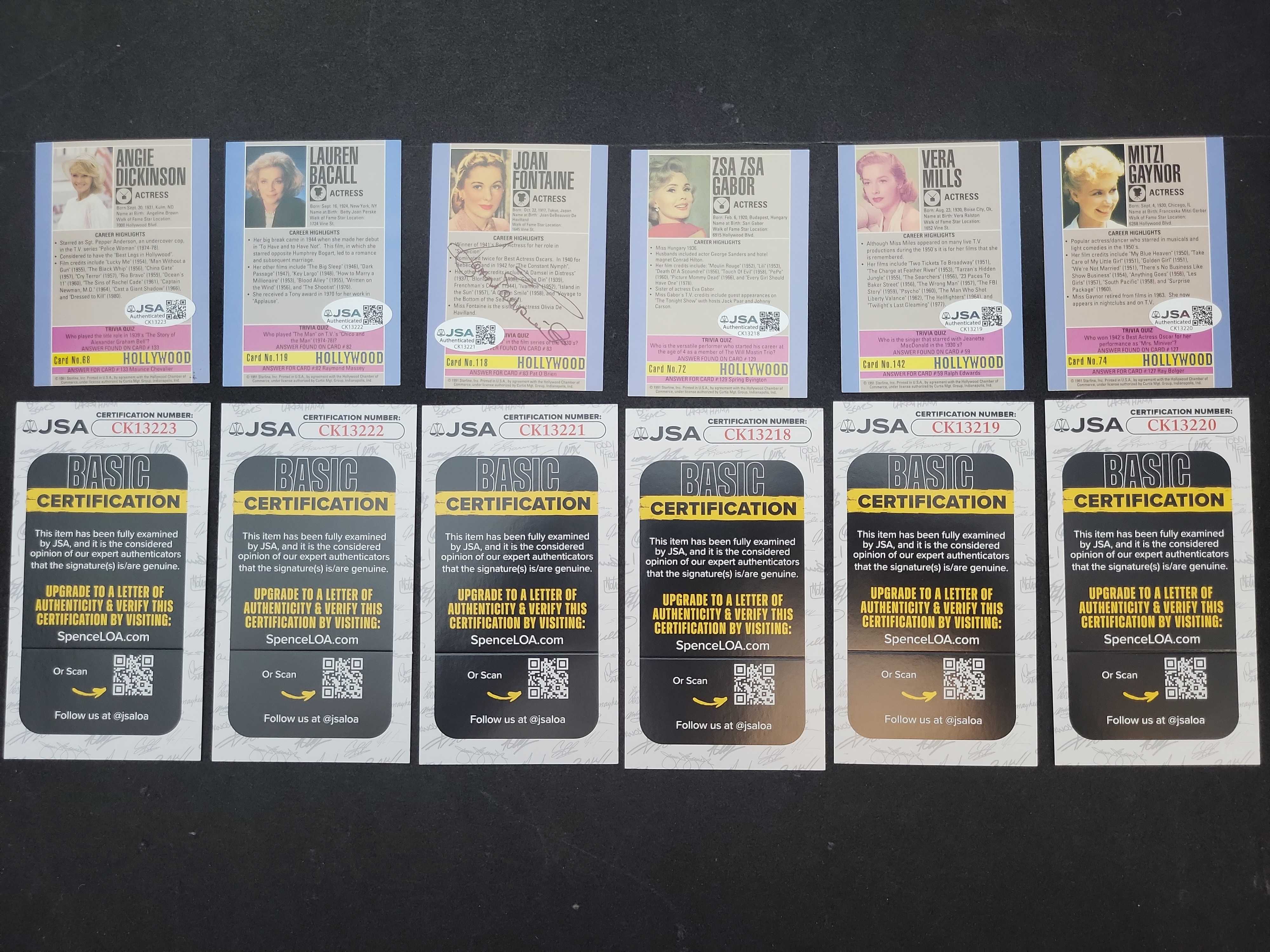 I03359 | A Collection of Six Autographed 1991 Starline Hollywood Trading Cards with JSA Certification