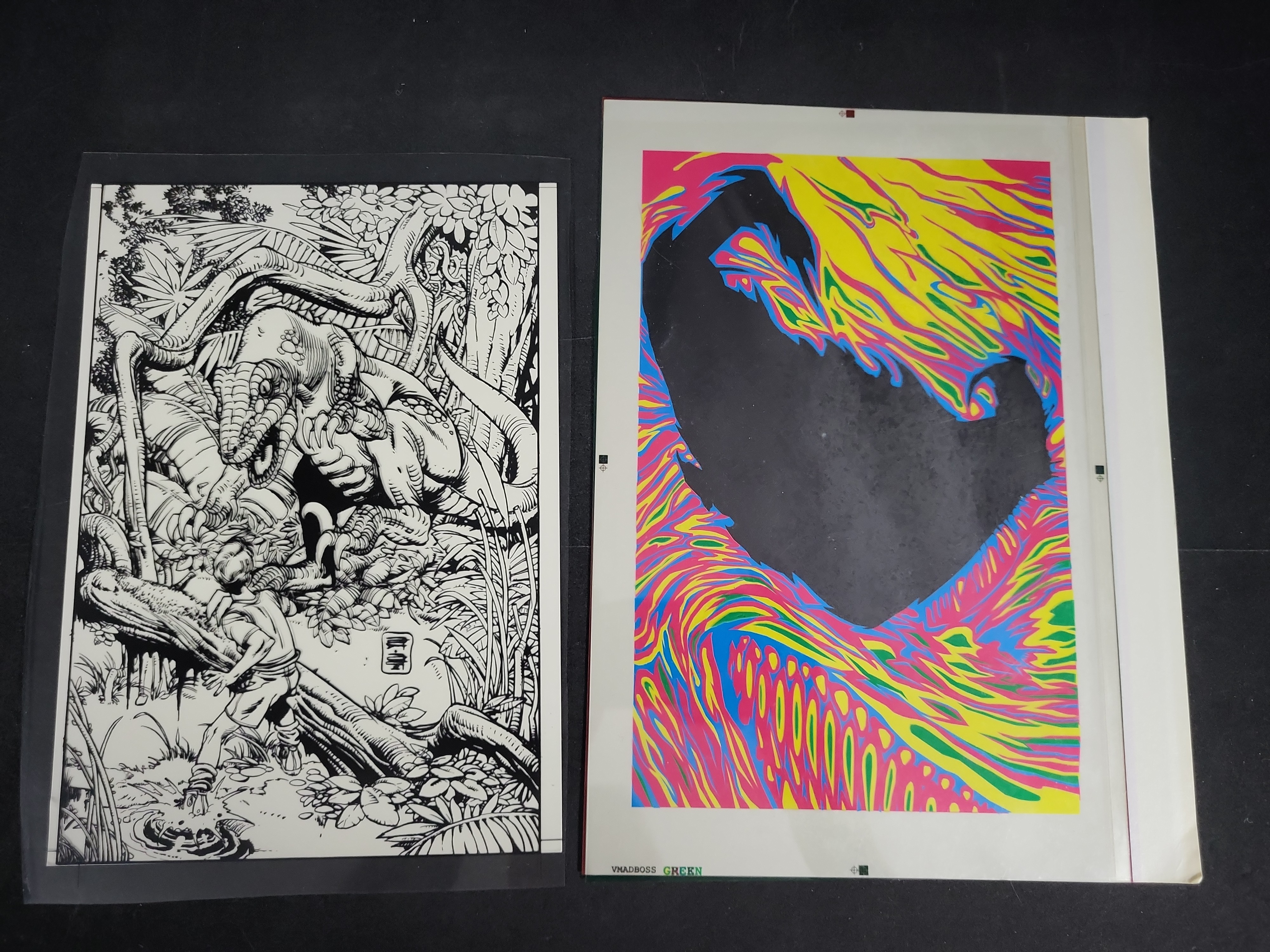 I03335 | A Collection of Progressive Color Proofs and Acetate Overlay for a Psychedelic Dinosaur Illustration