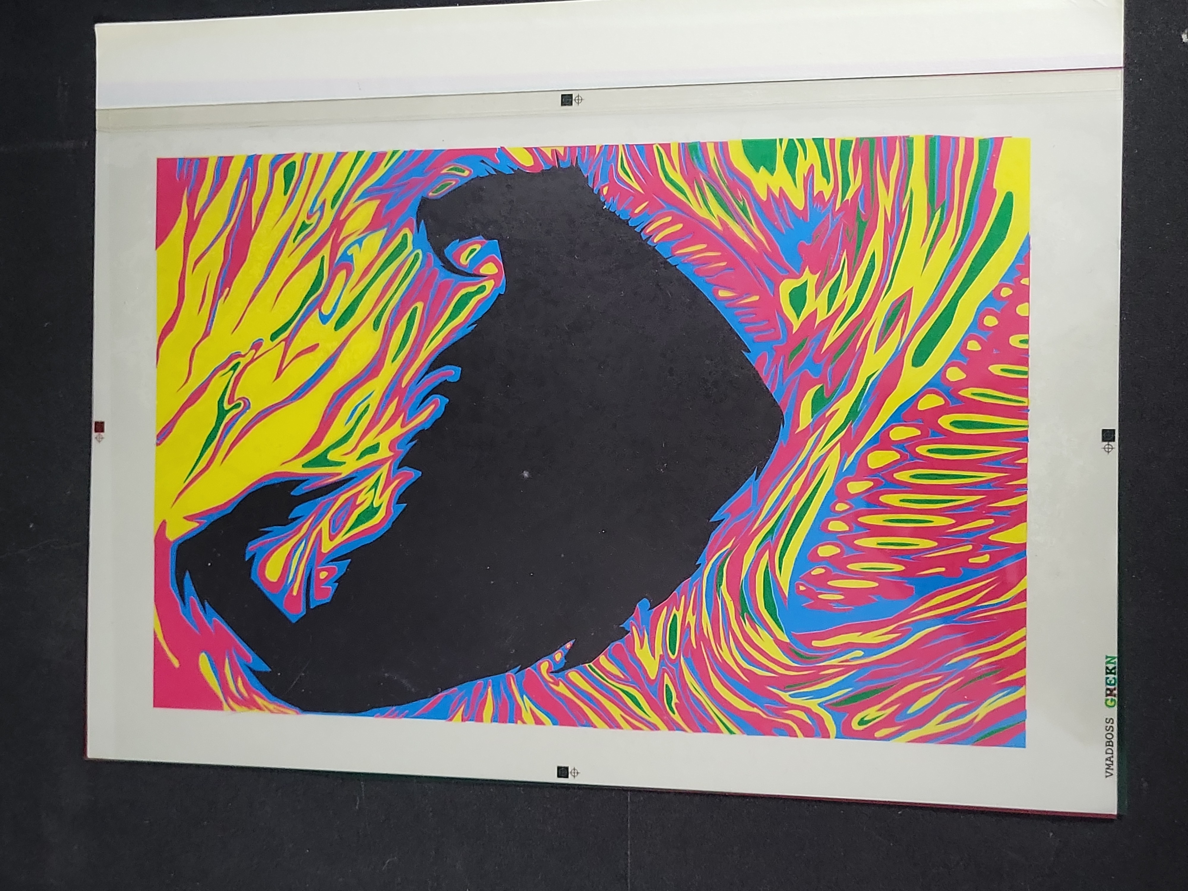 I03335 | A Collection of Progressive Color Proofs and Acetate Overlay for a Psychedelic Dinosaur Illustration