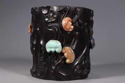 Chinese Zitan Wood Carved Brushpot,Soapstone Inlai. 16cm L 15.4cm W 16.5cm H