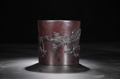 Chinese Zitan Wood Carved Brushpot. 17.5cm H 18cm W