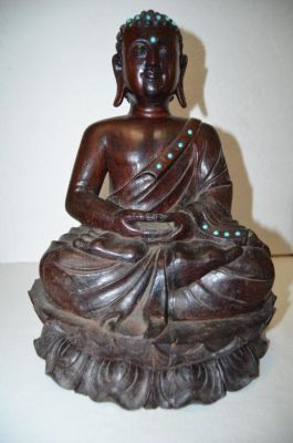 Chinese antique handwork red wood carving Guanyin and turquoise is very heavy H : 31 cm W : 21