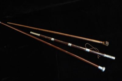 Three Stick, One handle is Dog, One handle w Coin. 36" L / 32" L / 26 3/4" Please note the