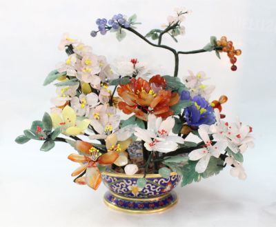 Chinese Agate&Jade Flower w Cloisonne Planter. 11" W 11 1/2" H Please note the absence of a