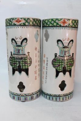 Pair of Chinese Familel Rose Porcelain BrushHolder. 11 1/4" H Please note the absence of a