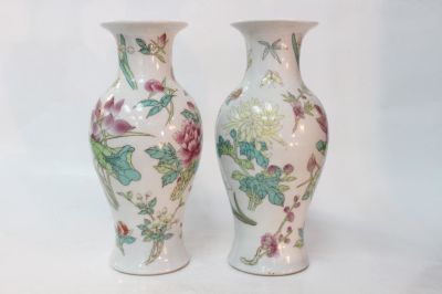 Pair of Chinese Famille Rose Porcelain Vases. 8" H Please note the absence of a condition report