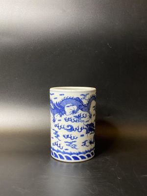 Chinese Blue and White Porcelain Brushpot. 12" H 8 1/2" W Please note the absence of a condition