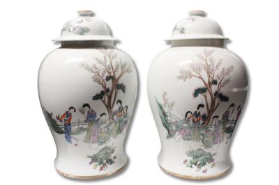 Pair of Chinese Famille Rose Porcelain Lid Jar. 15" H. Very good condition. Please note the
