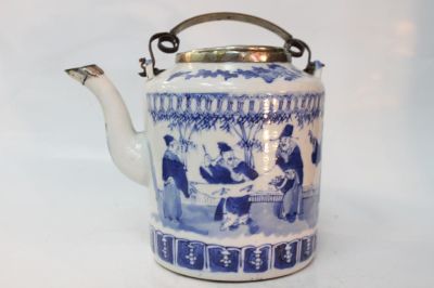 Chinese Blue and White Porcelain Teapot. 5 1/4" H 7" W Please note the absence of a condition