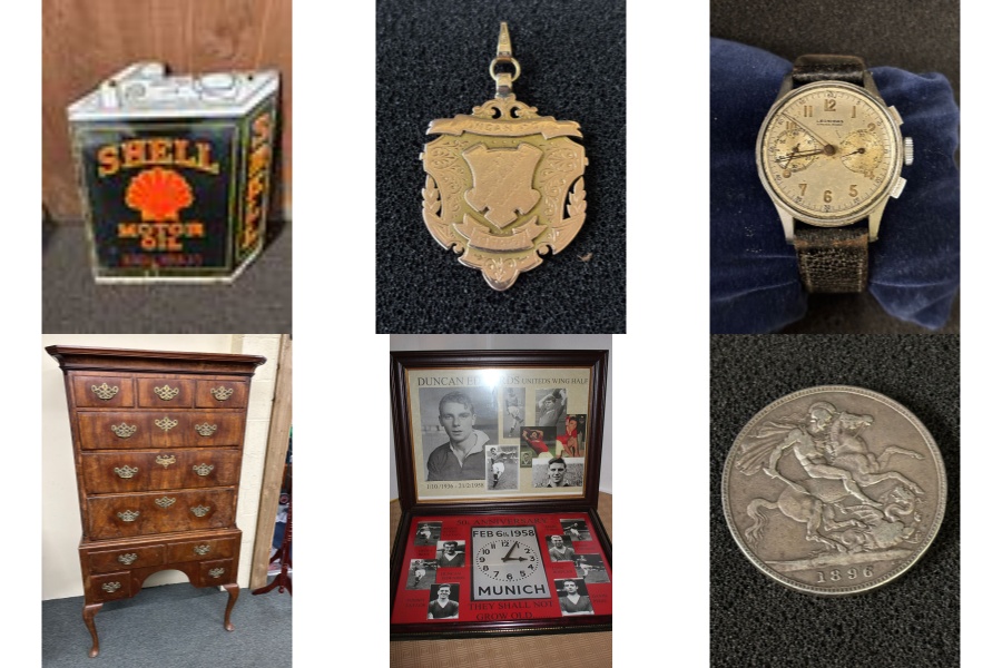 AFS Auctions | Auction T18M | Taunton Sale to include an Enamel Shell advertising sign, Gold football medals to include Blackpool and Wigan (1893-1920), Gold, Silver, Coins, Jewellery, Vanity Fair (SPY) prints, furniture etc