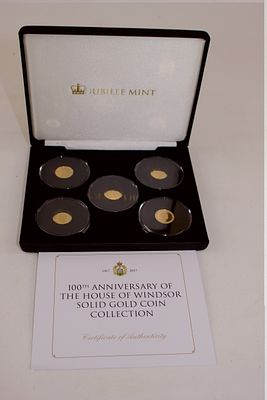 5 x 100th Anniversary of the House of Windsor 9c gold coins in presentation case