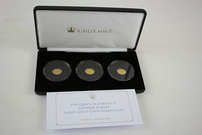 3 x Queen Elizabeth II Sapphire Jubilee 9c gold proof-like coins in case