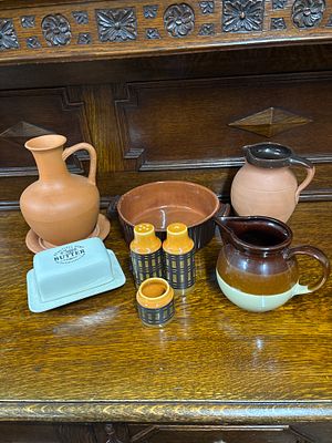 A mixed lot of pottery as shown to include a cruet marked made in Surrey to base