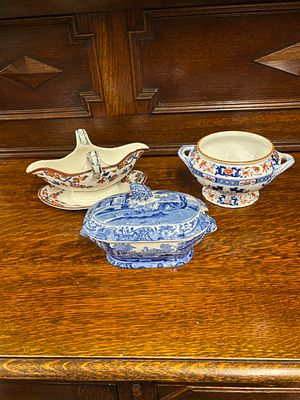 A Wedgwood Crescent sauce boat, Copeland Spode butter dish with lid and and unmarked, two 