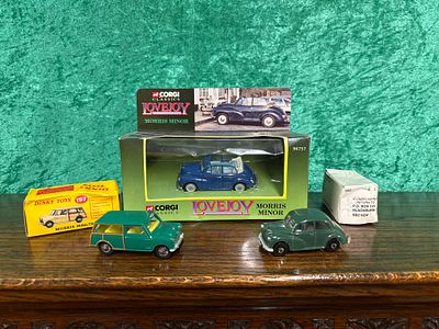 Three Morris cars, The Lovejoy model, a green morris mionor both made in Great Britain and a 